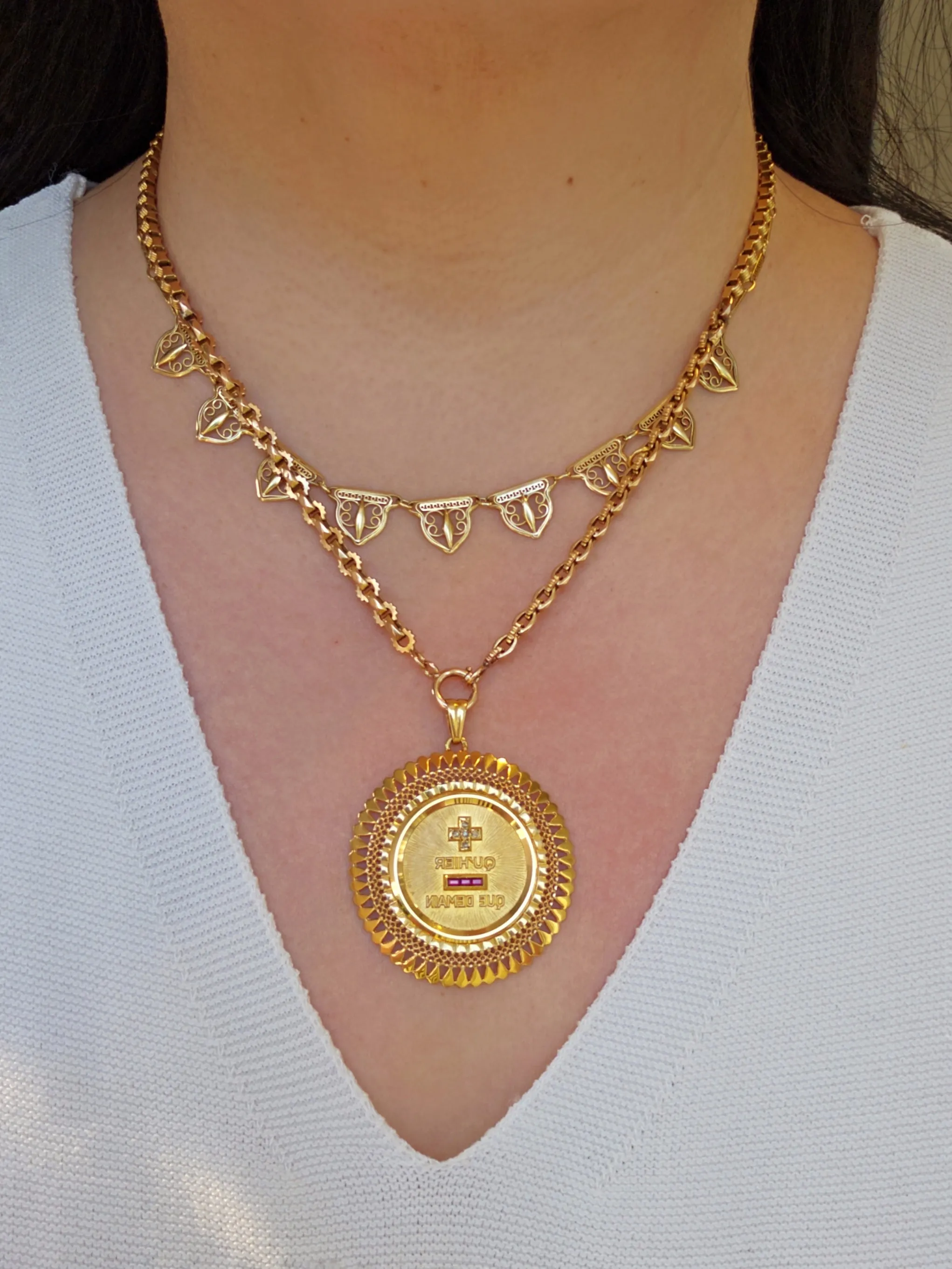 18K Yellow Gold RARE! LARGE! AUGIS Medallion Pendant with Ruby & Diamond | Antique Jewelry | Indulgems | Designs in Real Gold