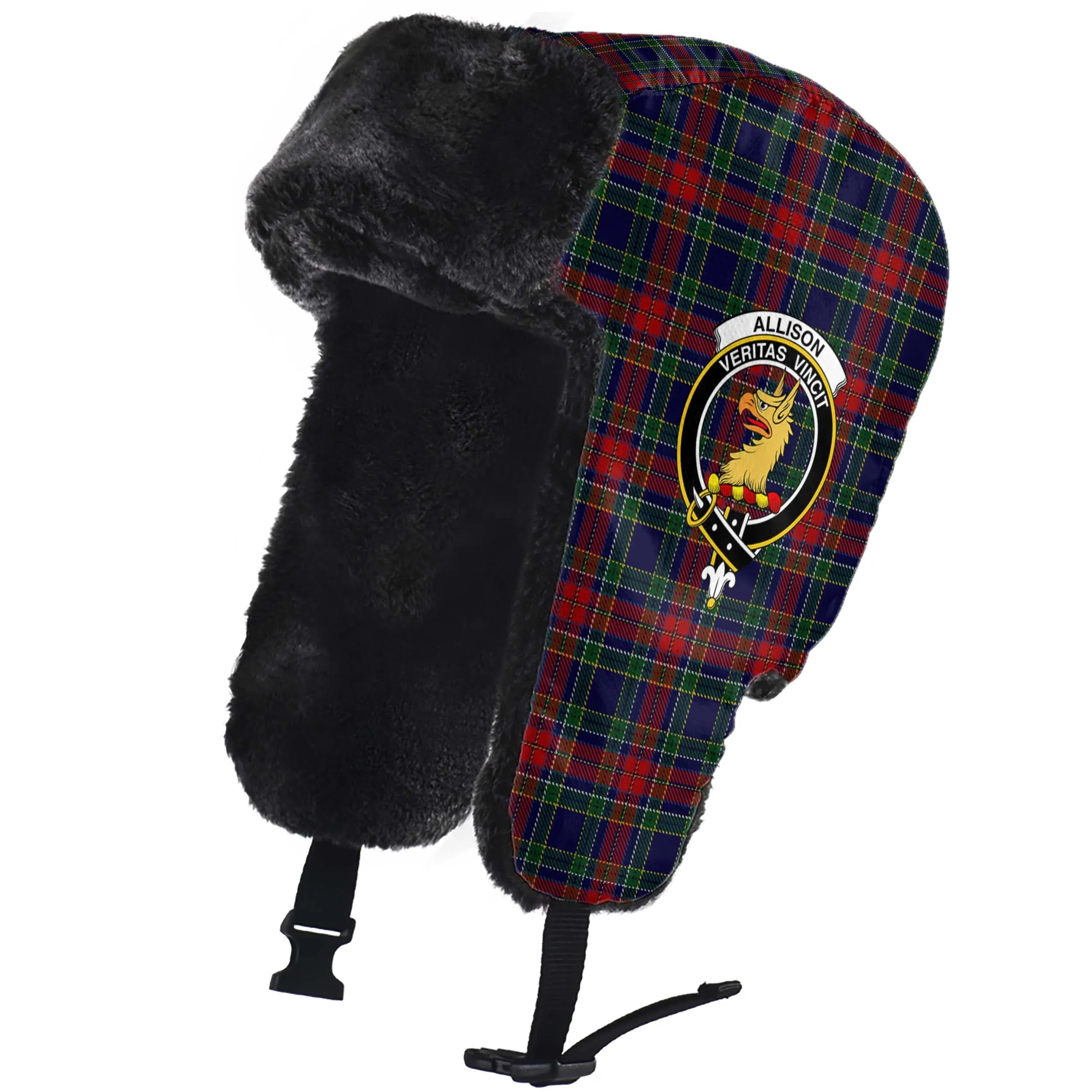 Allison Red Tartan Winter Trapper Hat with Family Crest