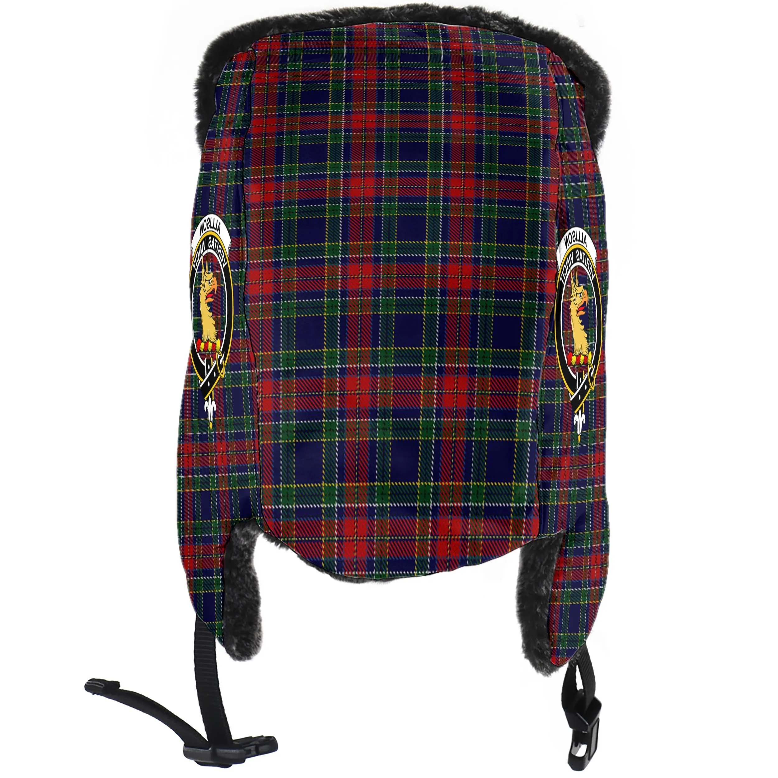 Allison Red Tartan Winter Trapper Hat with Family Crest