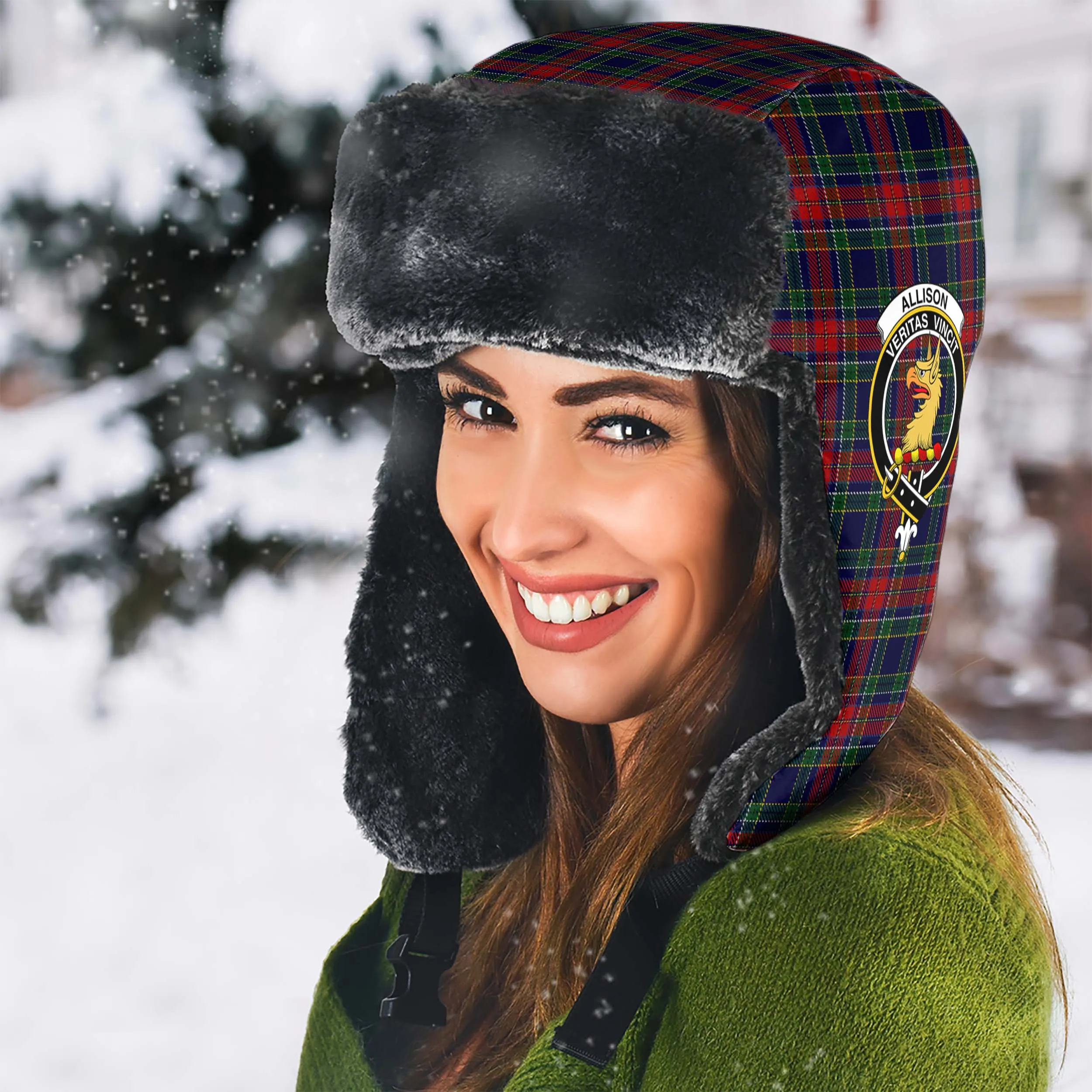 Allison Red Tartan Winter Trapper Hat with Family Crest