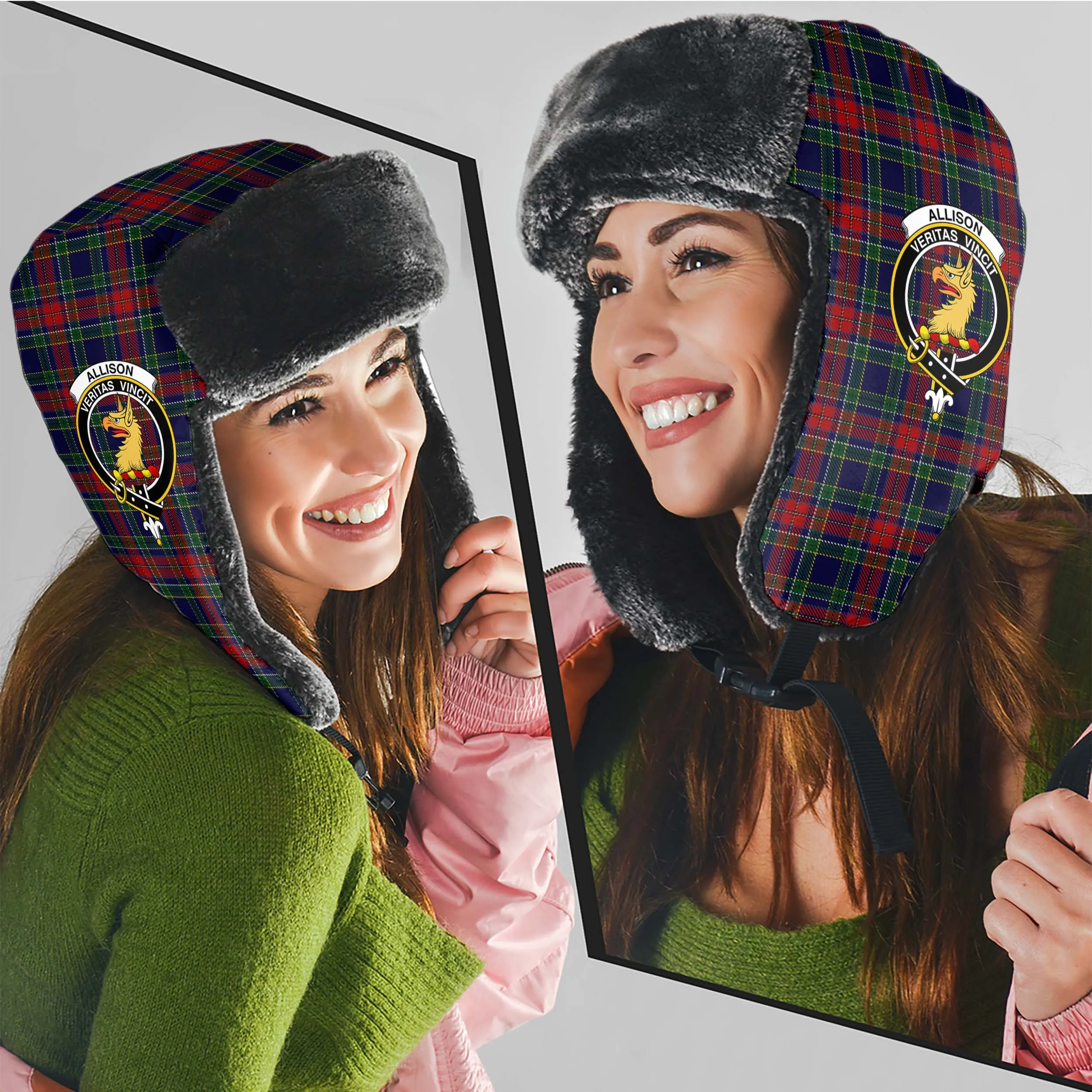 Allison Red Tartan Winter Trapper Hat with Family Crest