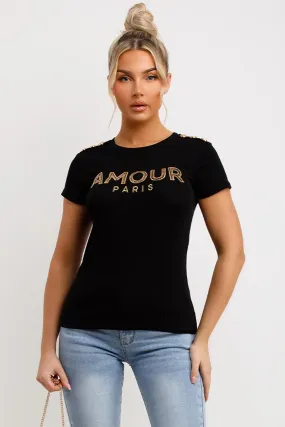 Amour Paris Diamante T Shirt Black