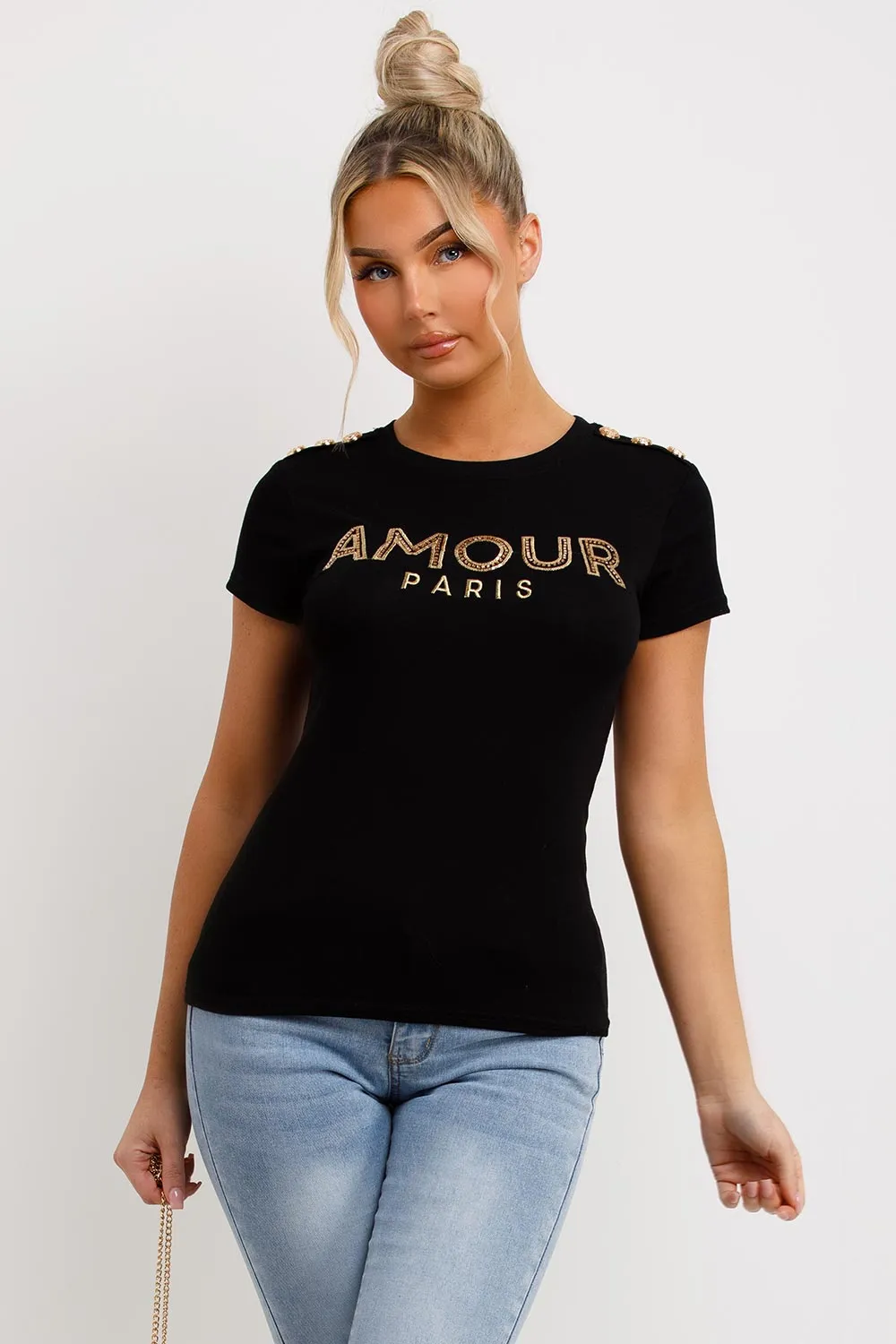 Amour Paris Diamante T Shirt Black