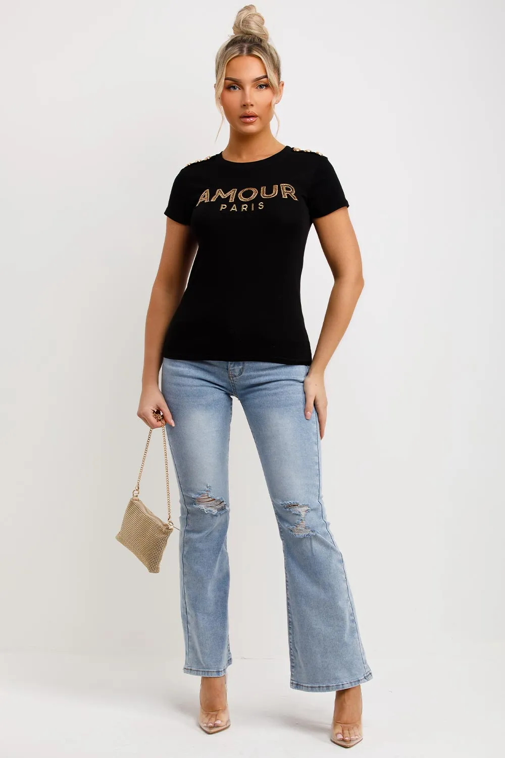 Amour Paris Diamante T Shirt Black