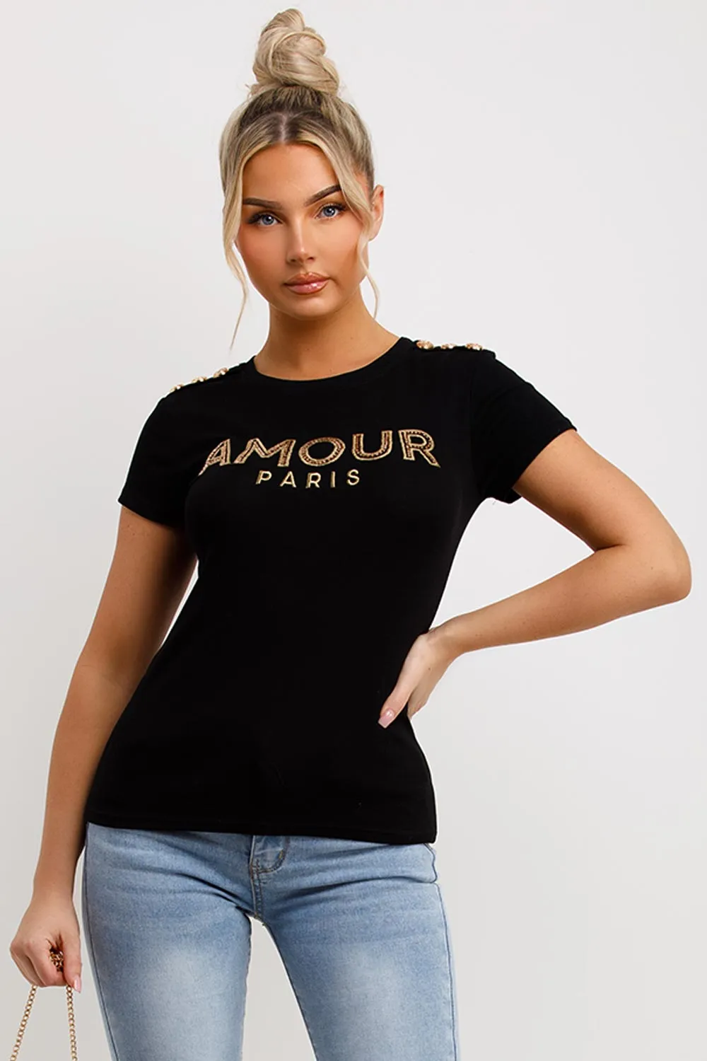 Amour Paris Diamante T Shirt Black