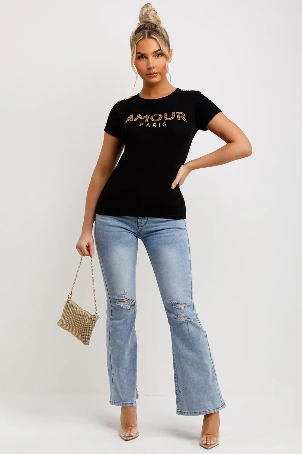 Amour Paris Diamante T Shirt Black