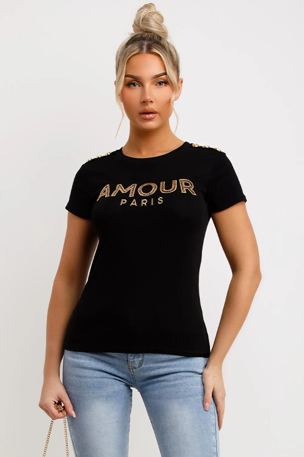 Amour Paris Diamante T Shirt Black