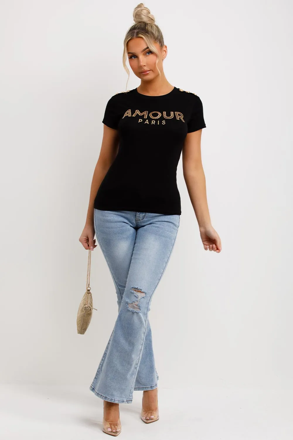 Amour Paris Diamante T Shirt Black