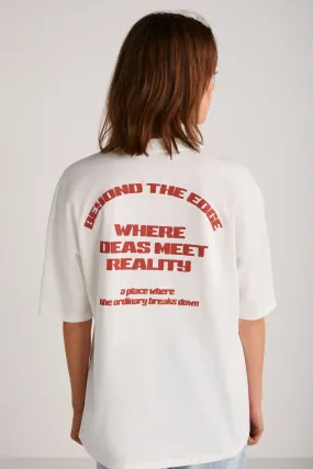 Arcadia woman back and front text detailed ecru/red t-shirt