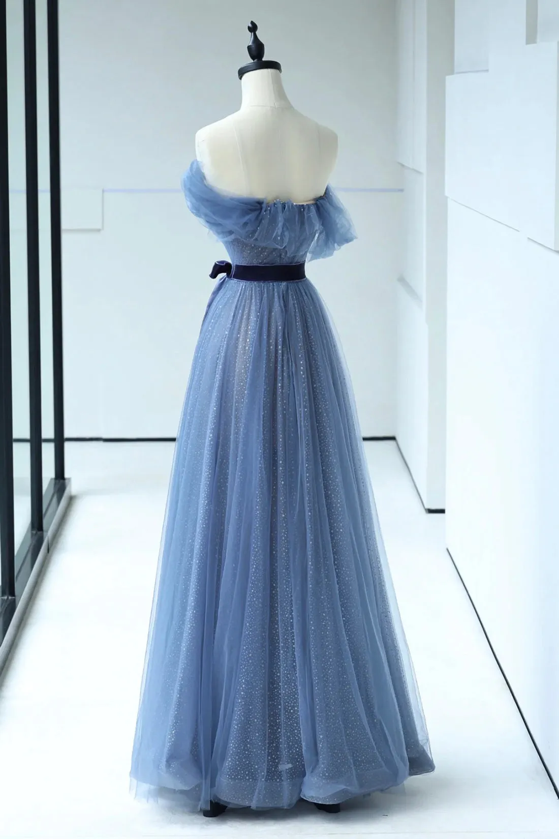 Beautiful Blue Floor Length Prom Dress, A-line Strapless Tulle Evening Dress
