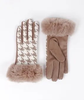 Beige Faux Suede Houndstooth Gloves