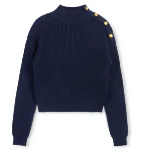Beige navy Tri Button Knit Top W-14706