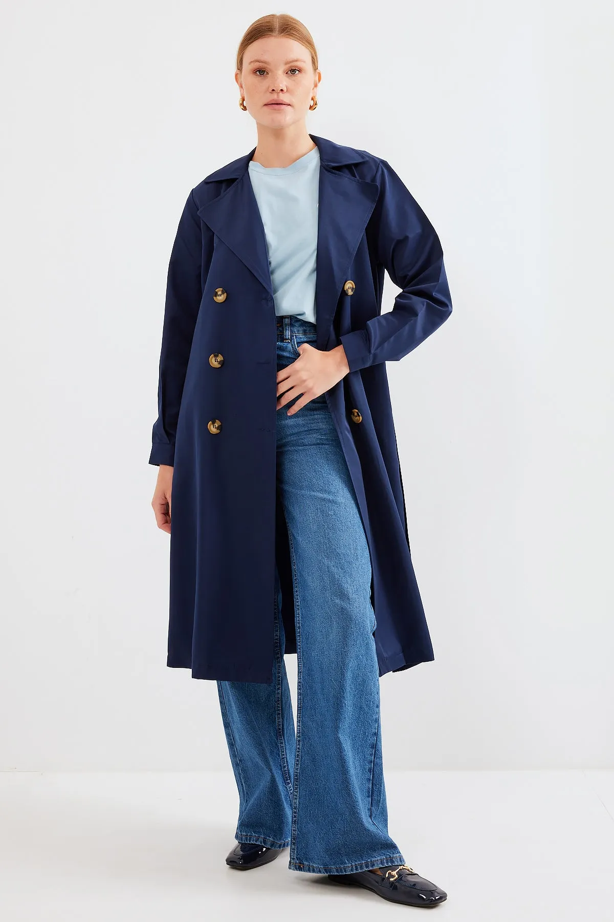 BGD Women Double-Breasted Trench Coat - Navy Blue - Avondale
