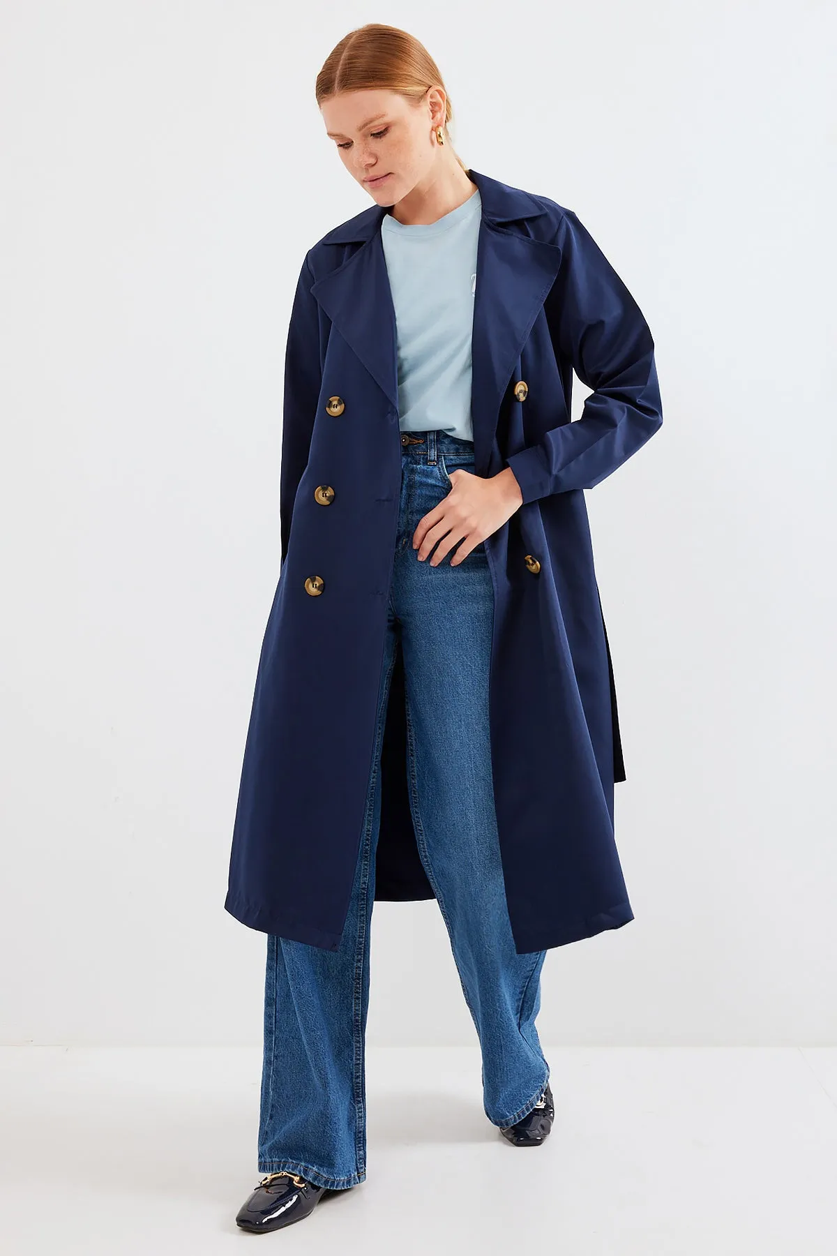 BGD Women Double-Breasted Trench Coat - Navy Blue - Avondale