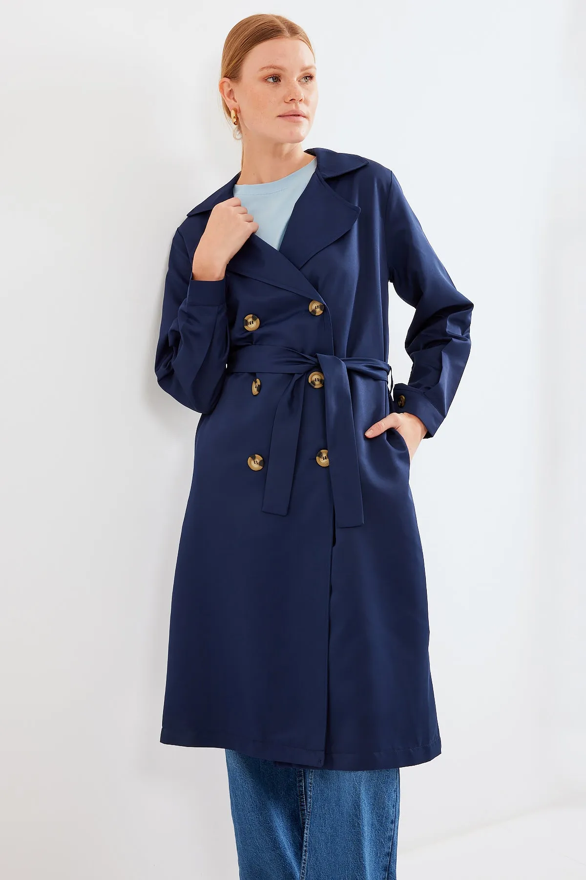 BGD Women Double-Breasted Trench Coat - Navy Blue - Avondale