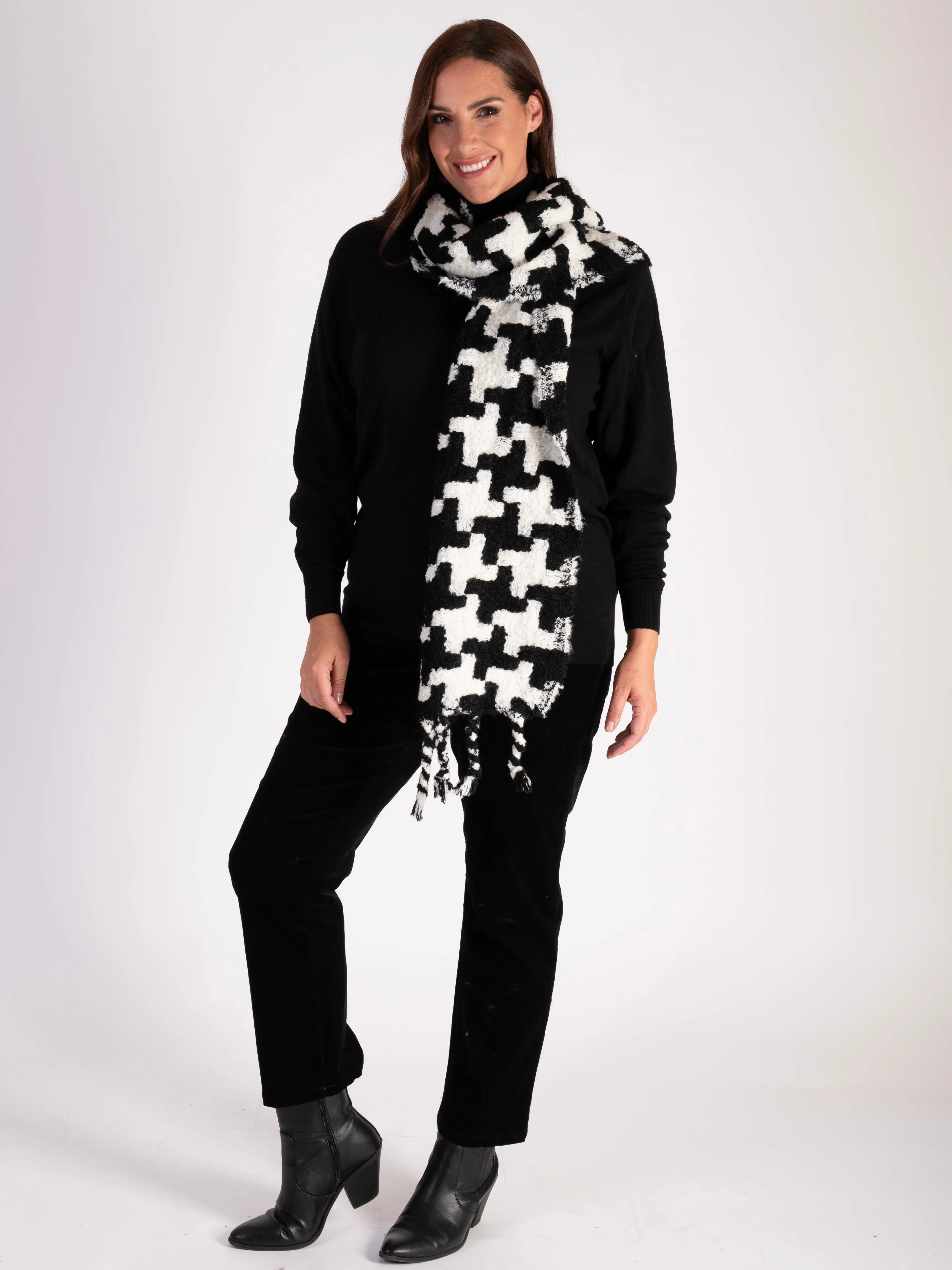 Black & White Monochrome Pattern Winter Scarf with fringing