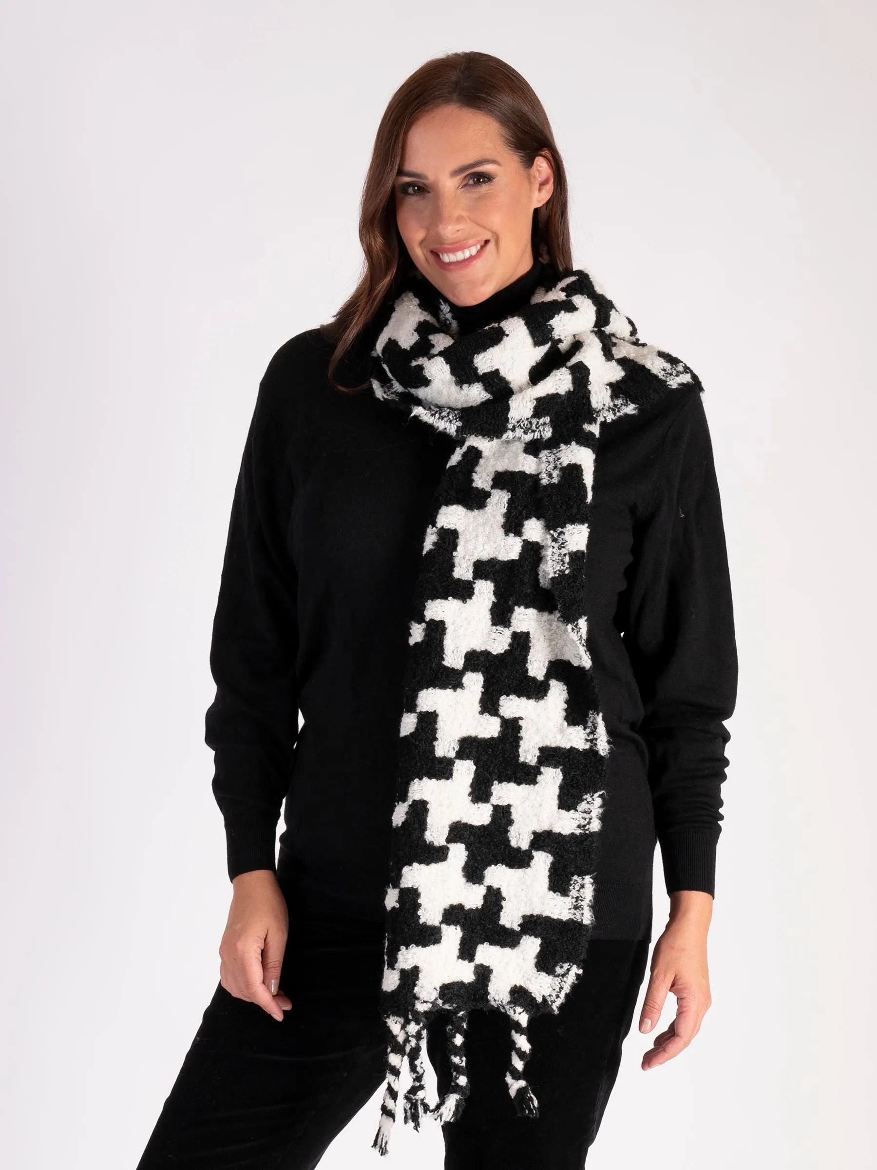 Black & White Monochrome Pattern Winter Scarf with fringing