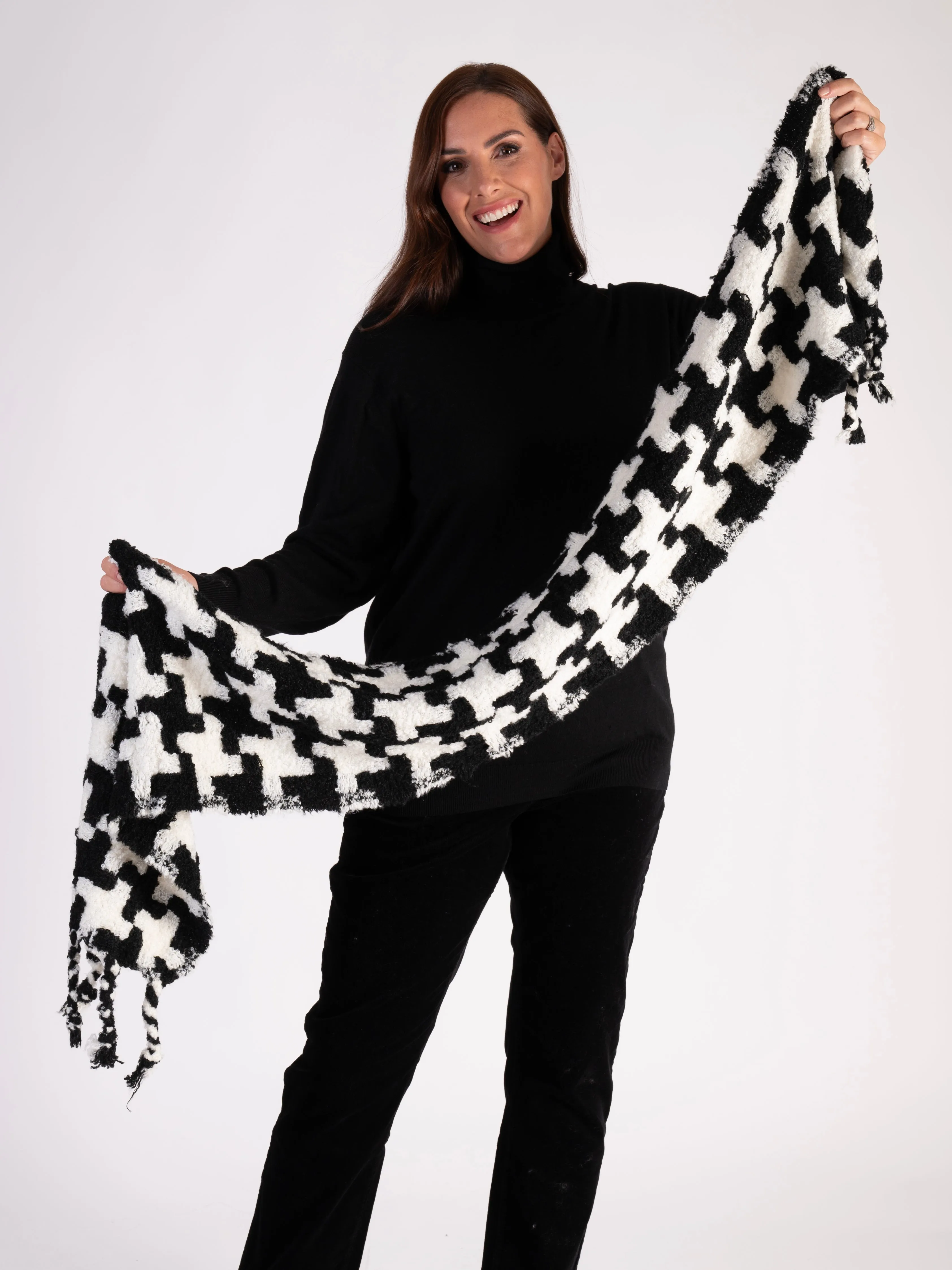 Black & White Monochrome Pattern Winter Scarf with fringing