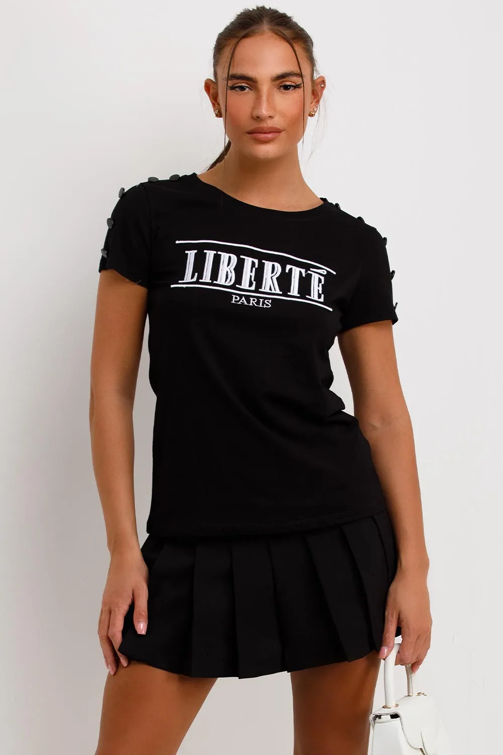 Black T Shirt With Liberte Paris Embroidery