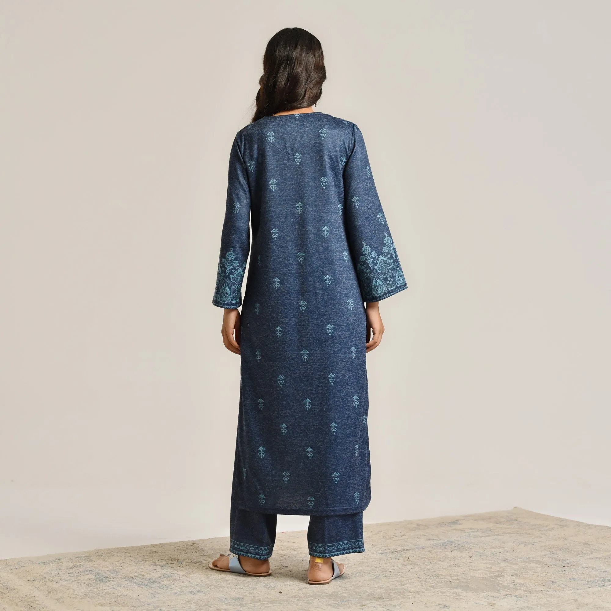 Blue Contemporary Embroidered Woollen Kurta Set with Dupatta