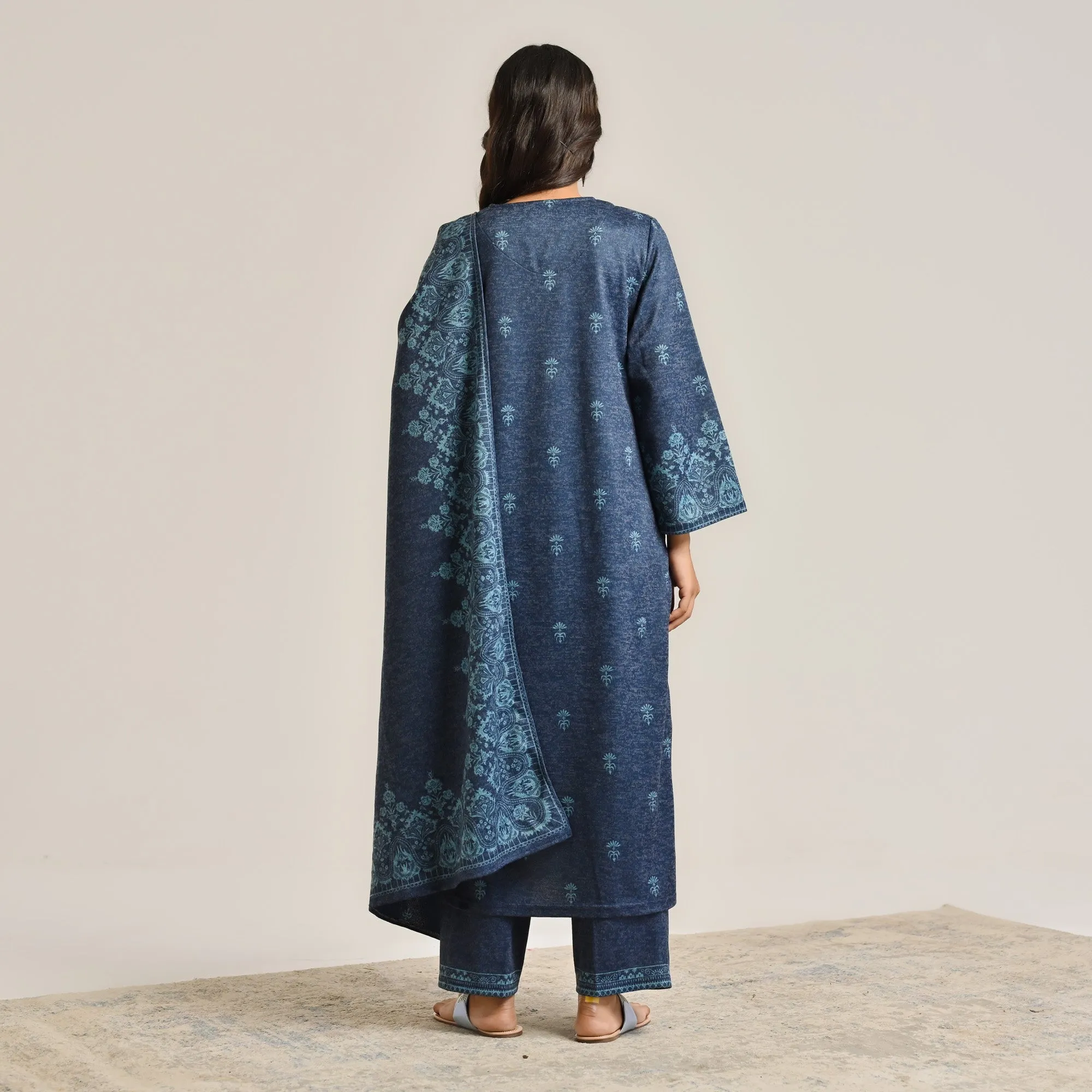Blue Contemporary Embroidered Woollen Kurta Set with Dupatta