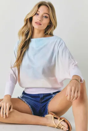 Blue Tie Dye Knit Boatneck Elastic Hem Top