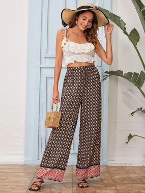 Boho Ditsy Floral Knot High Waist Long Women Pants