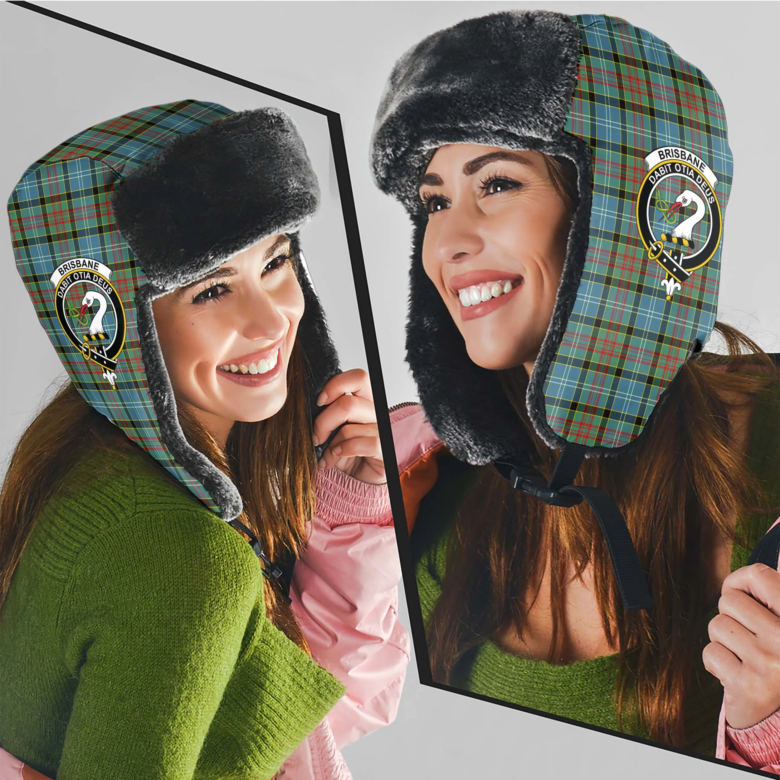 Brisbane Tartan Winter Trapper Hat with Family Crest
