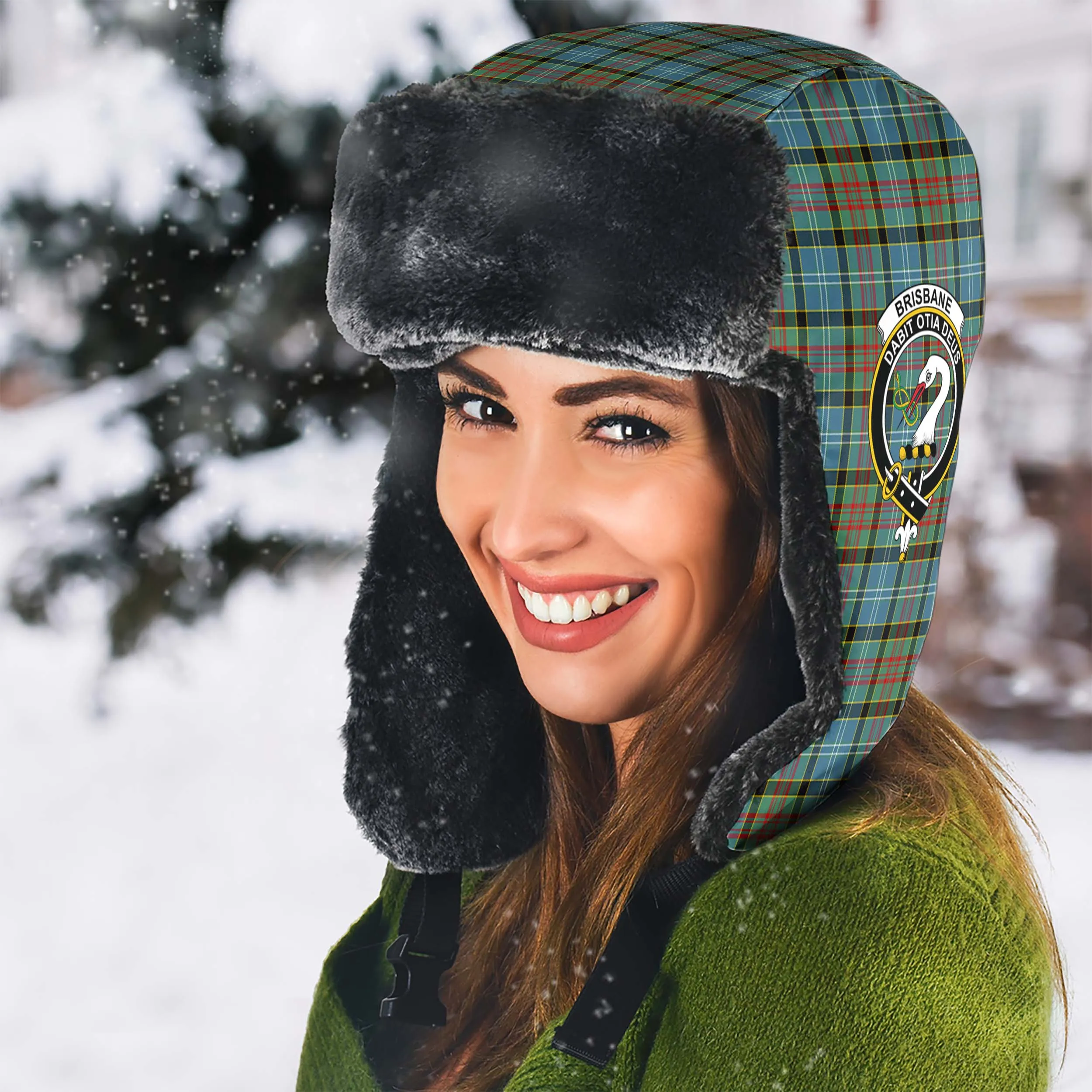 Brisbane Tartan Winter Trapper Hat with Family Crest