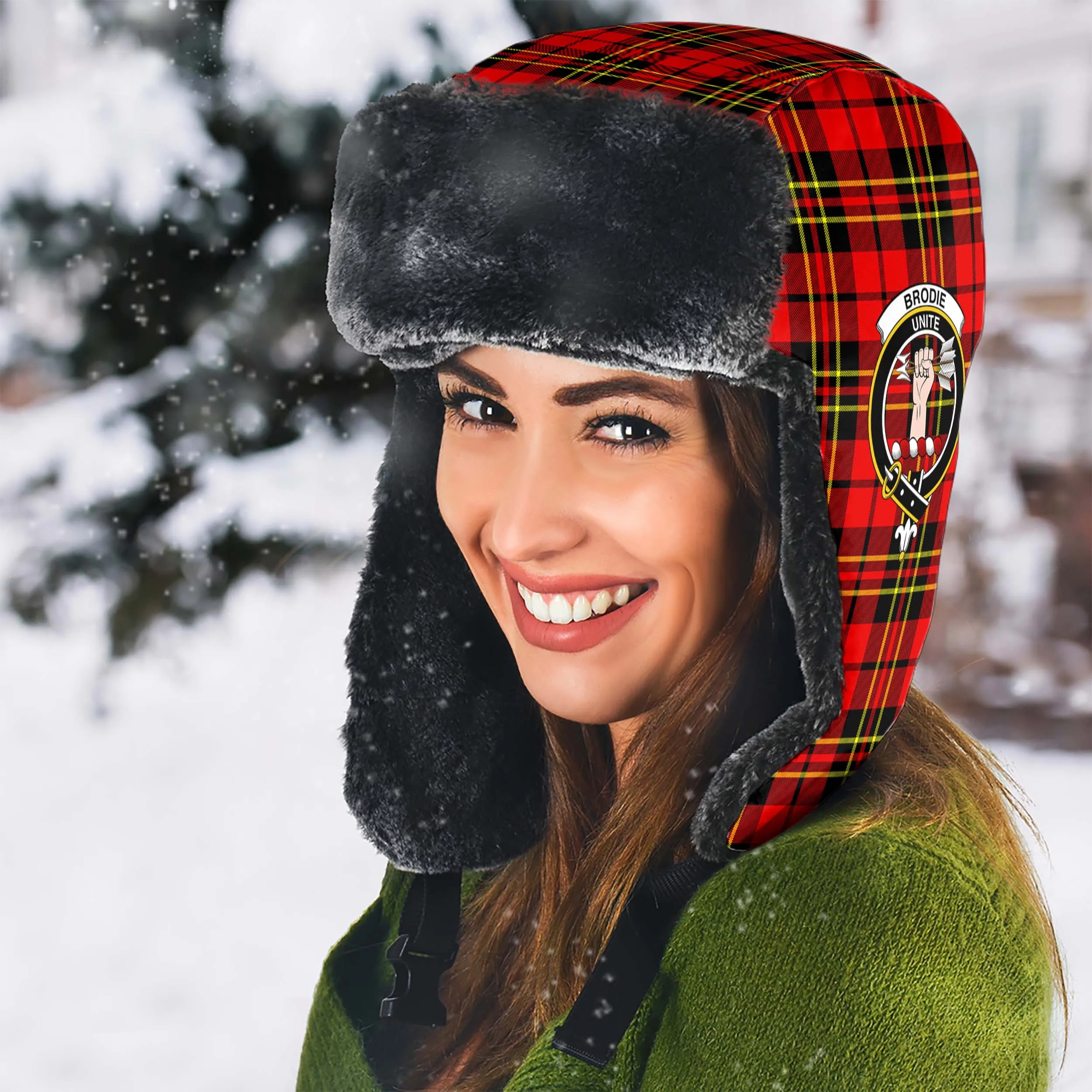 Brodie Modern Tartan Winter Trapper Hat with Family Crest