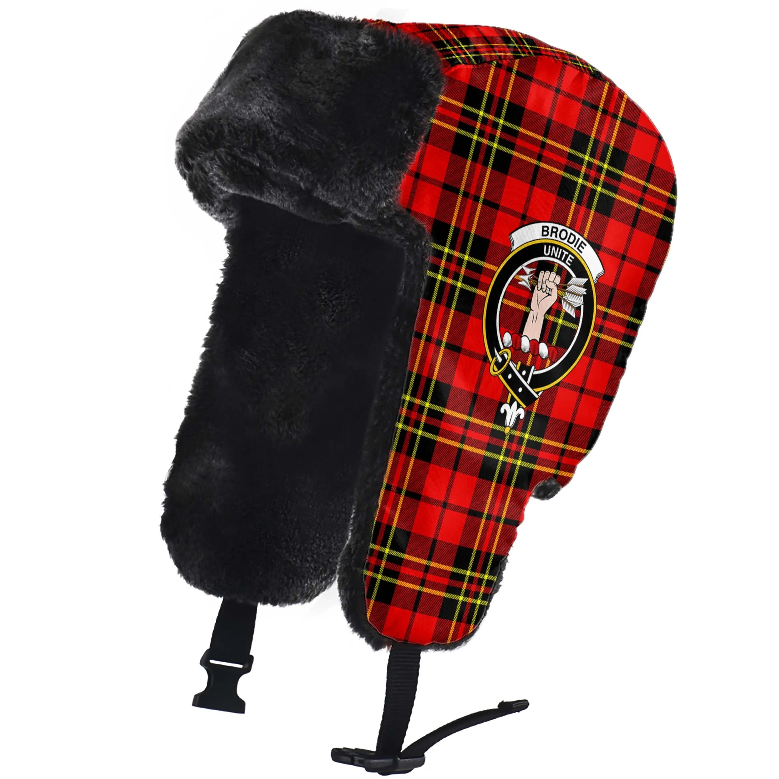 Brodie Modern Tartan Winter Trapper Hat with Family Crest