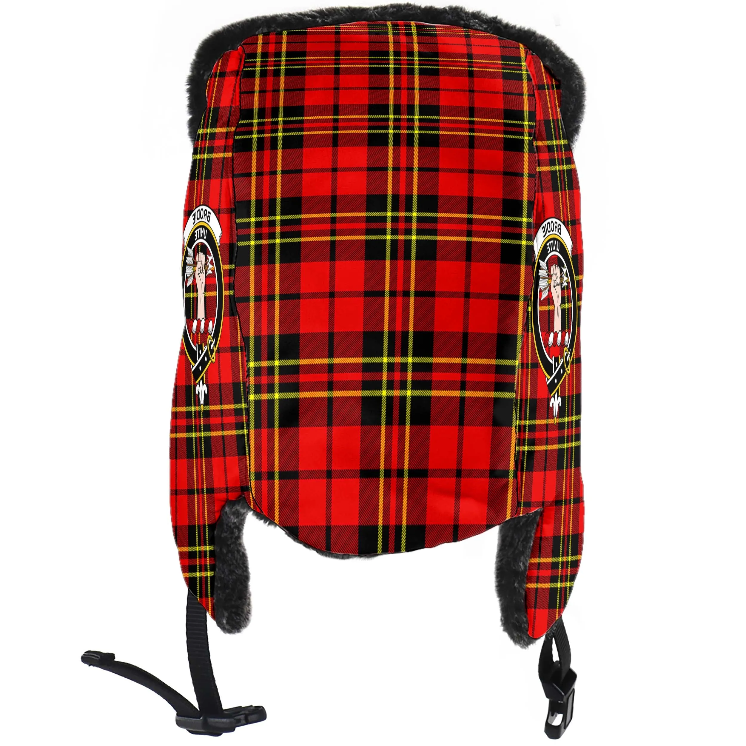 Brodie Modern Tartan Winter Trapper Hat with Family Crest