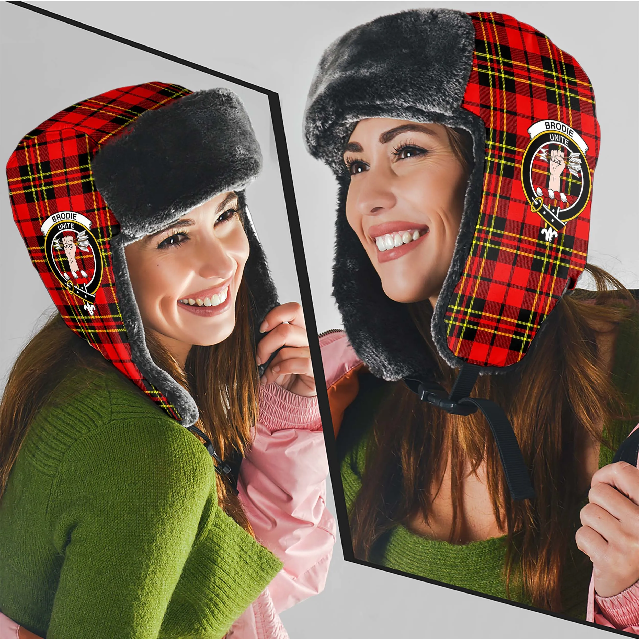 Brodie Modern Tartan Winter Trapper Hat with Family Crest