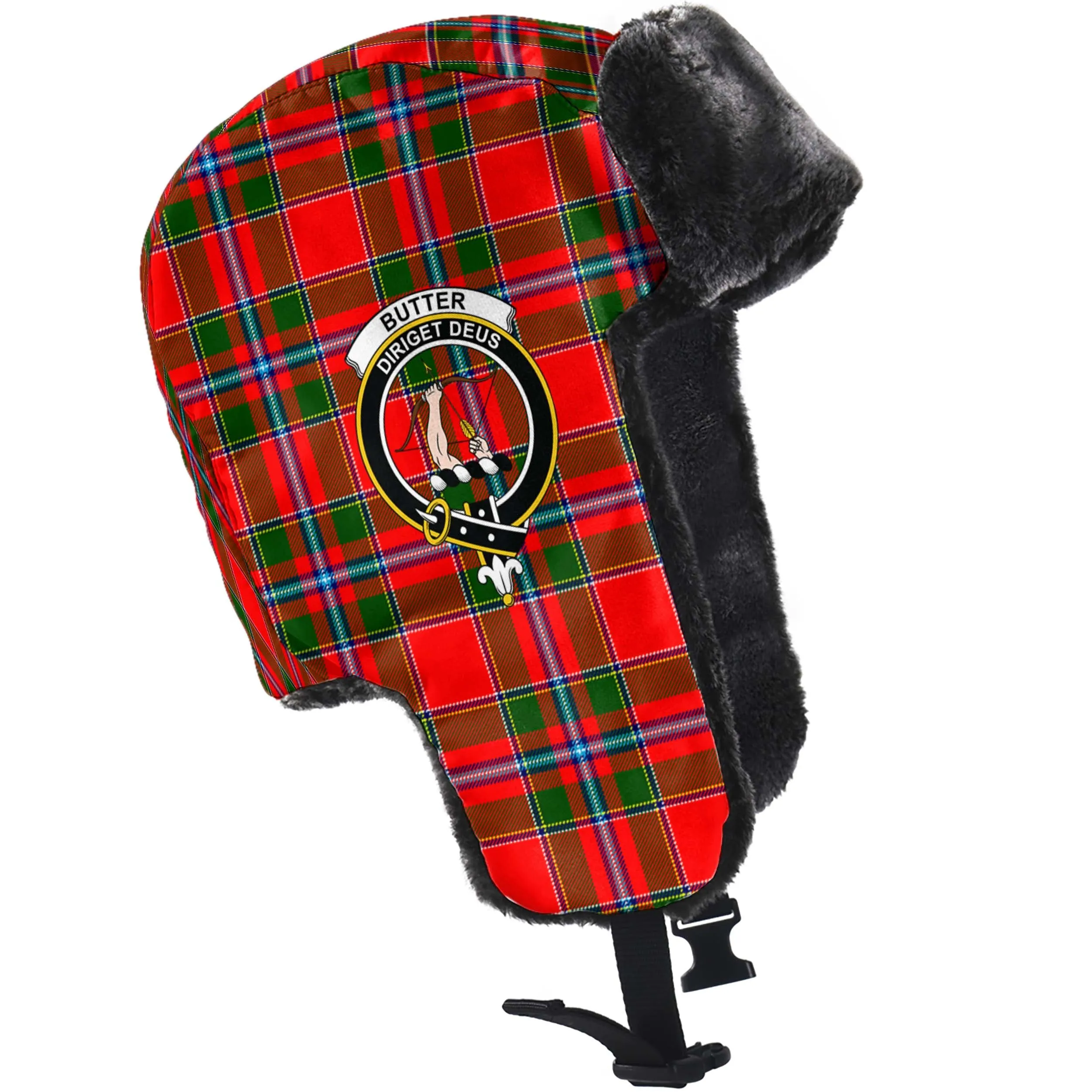 Butter Tartan Winter Trapper Hat with Family Crest