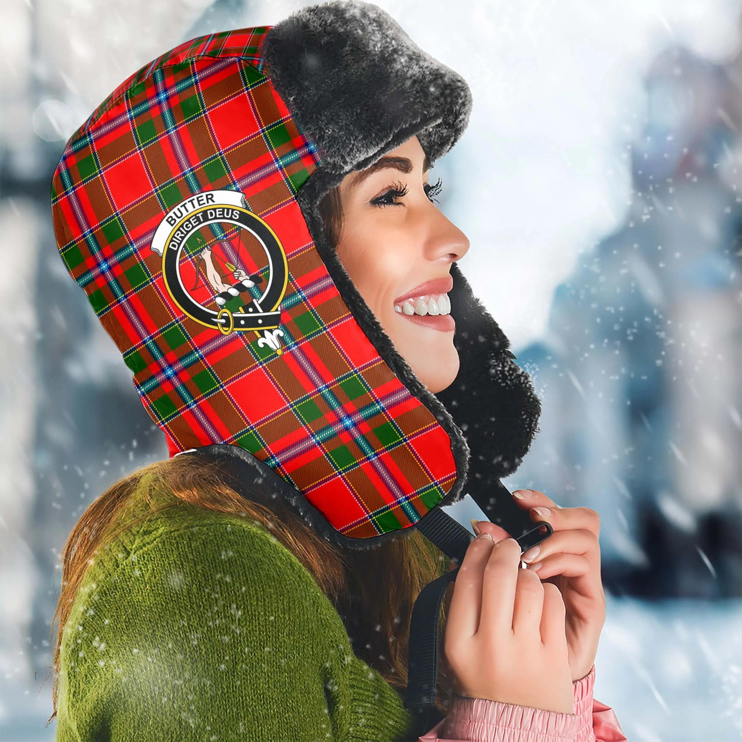 Butter Tartan Winter Trapper Hat with Family Crest
