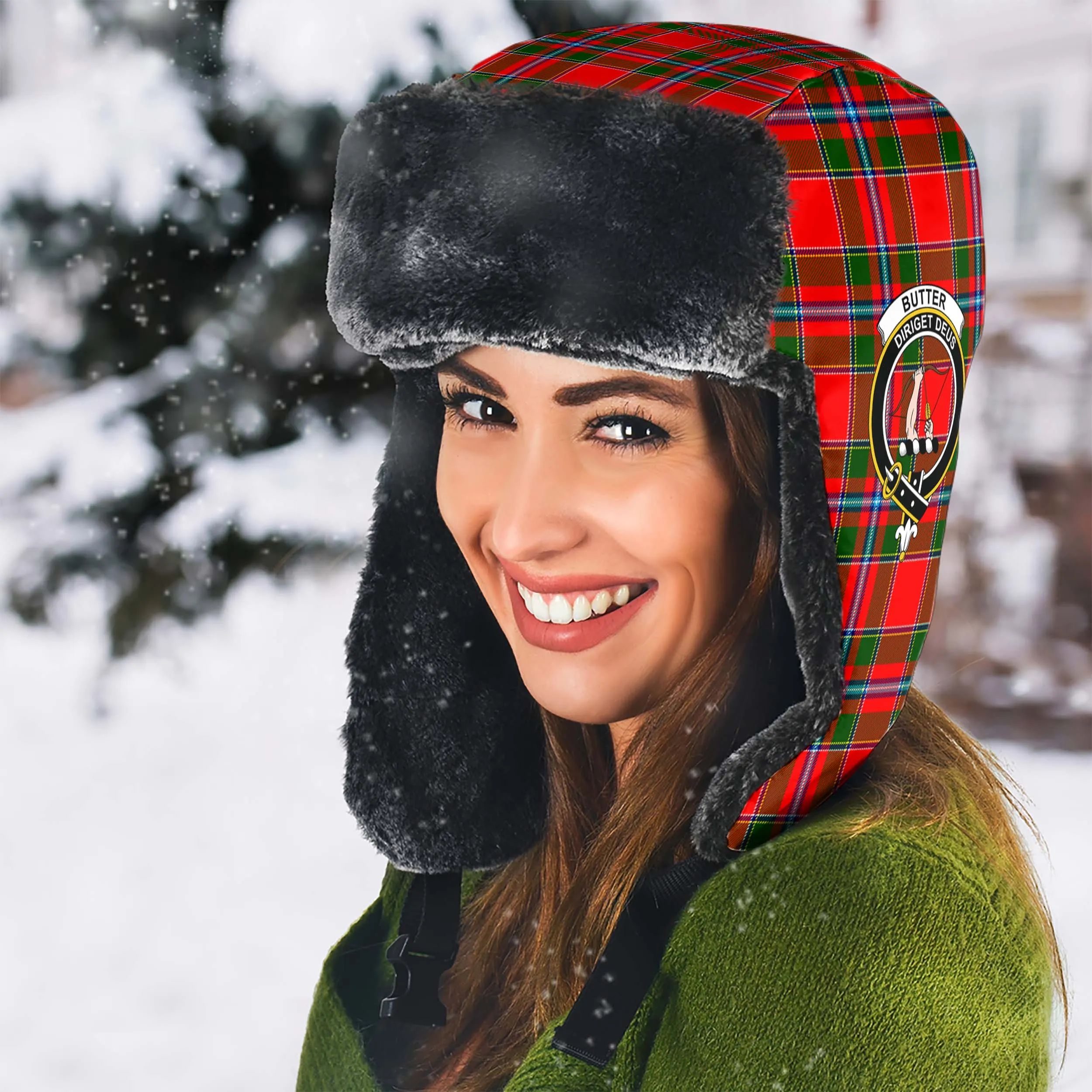 Butter Tartan Winter Trapper Hat with Family Crest