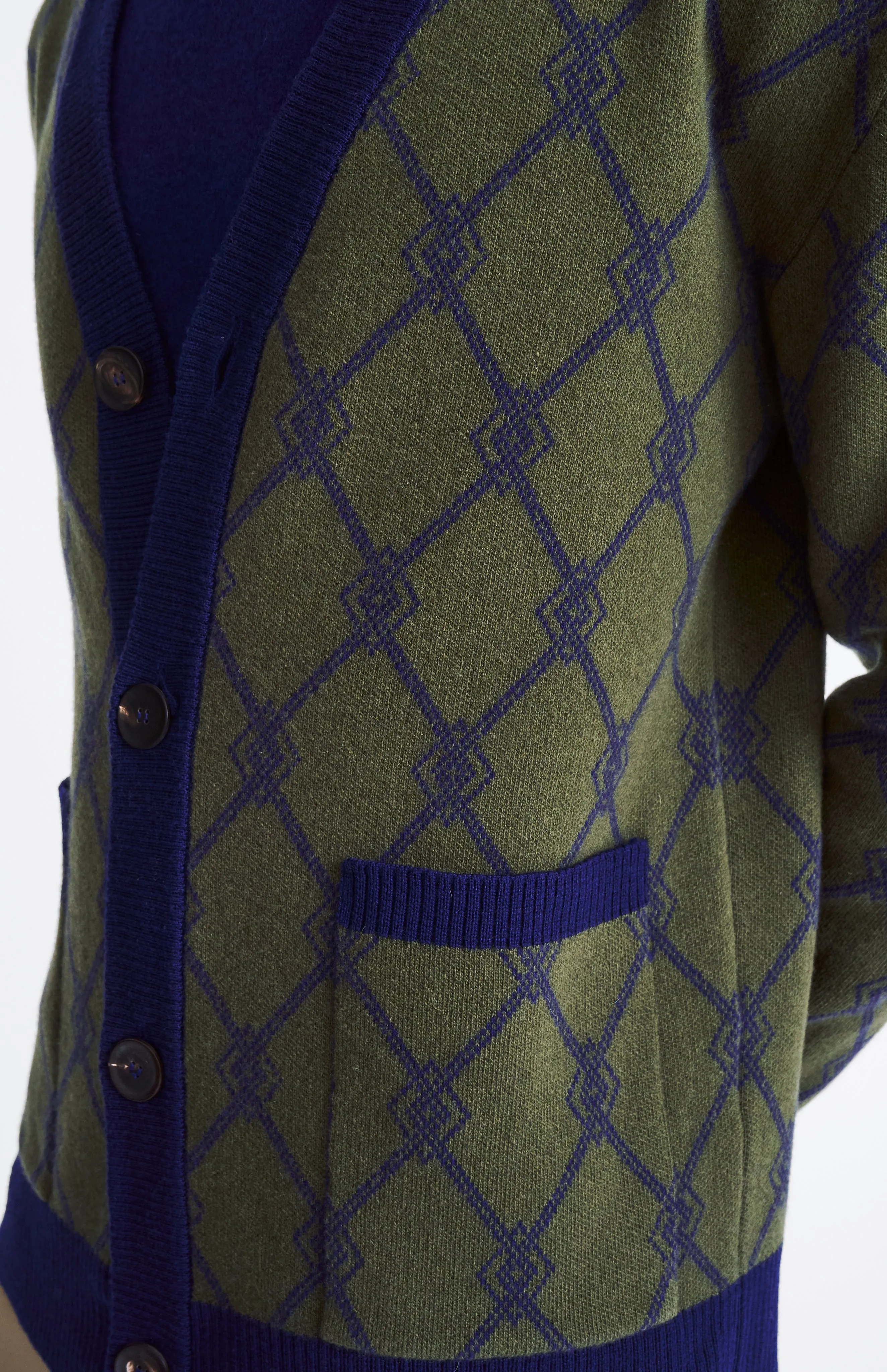 Cashmere Blend Monogram Jacquard Cardigan Jumper In Mineral Green / Royal Blue
