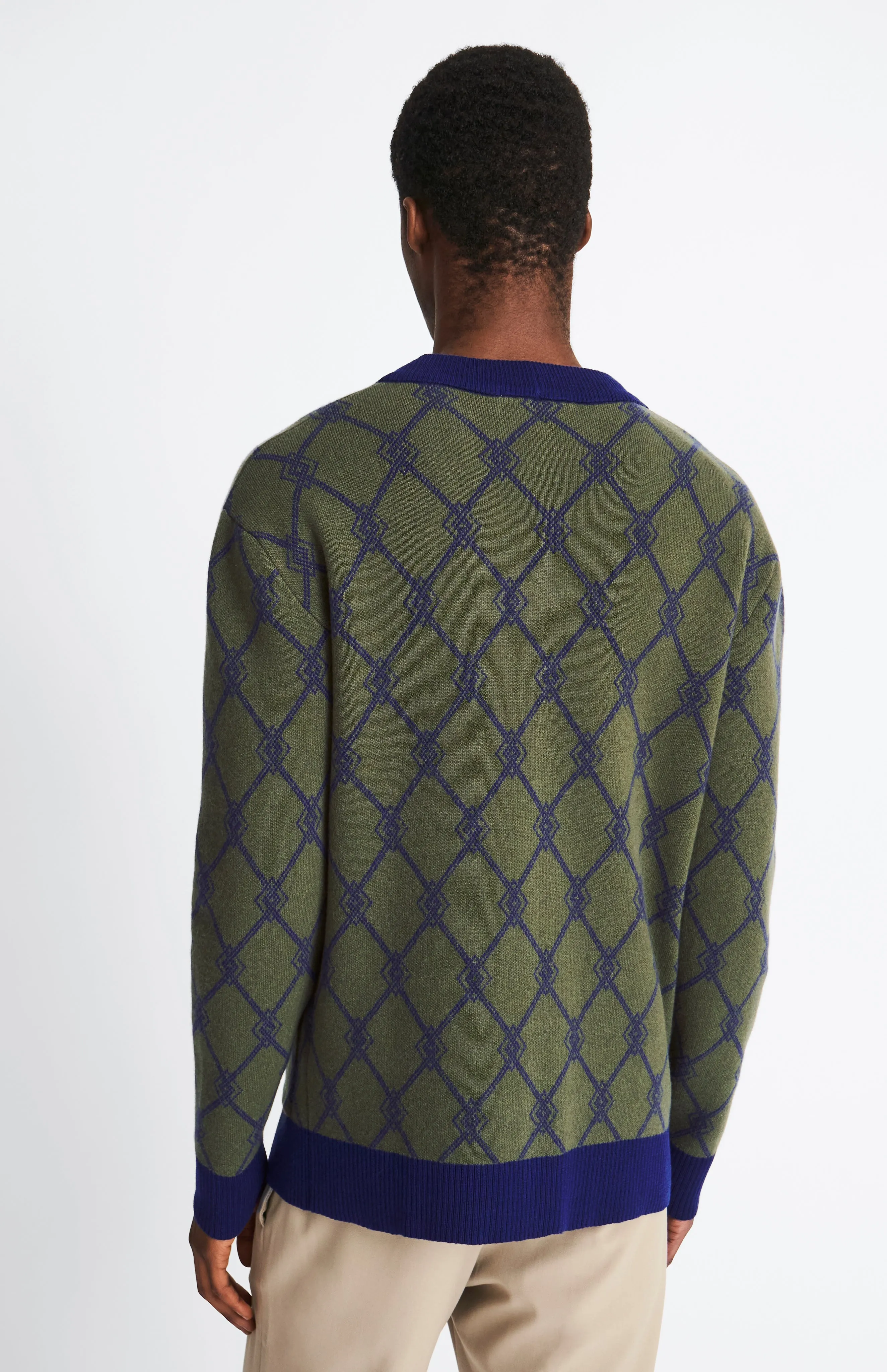 Cashmere Blend Monogram Jacquard Cardigan Jumper In Mineral Green / Royal Blue
