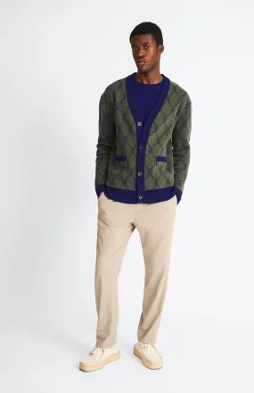 Cashmere Blend Monogram Jacquard Cardigan Jumper In Mineral Green / Royal Blue