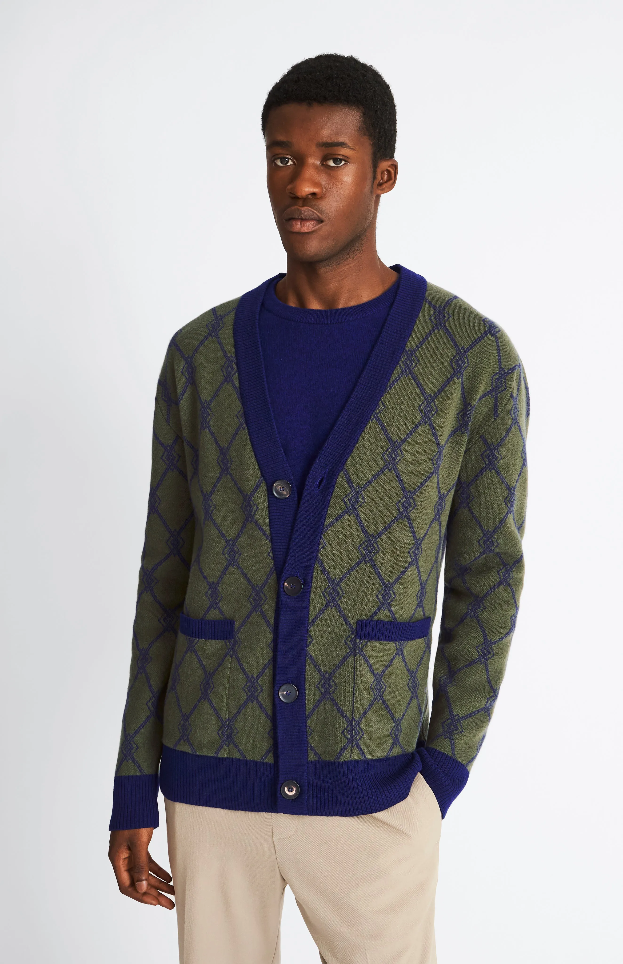 Cashmere Blend Monogram Jacquard Cardigan Jumper In Mineral Green / Royal Blue