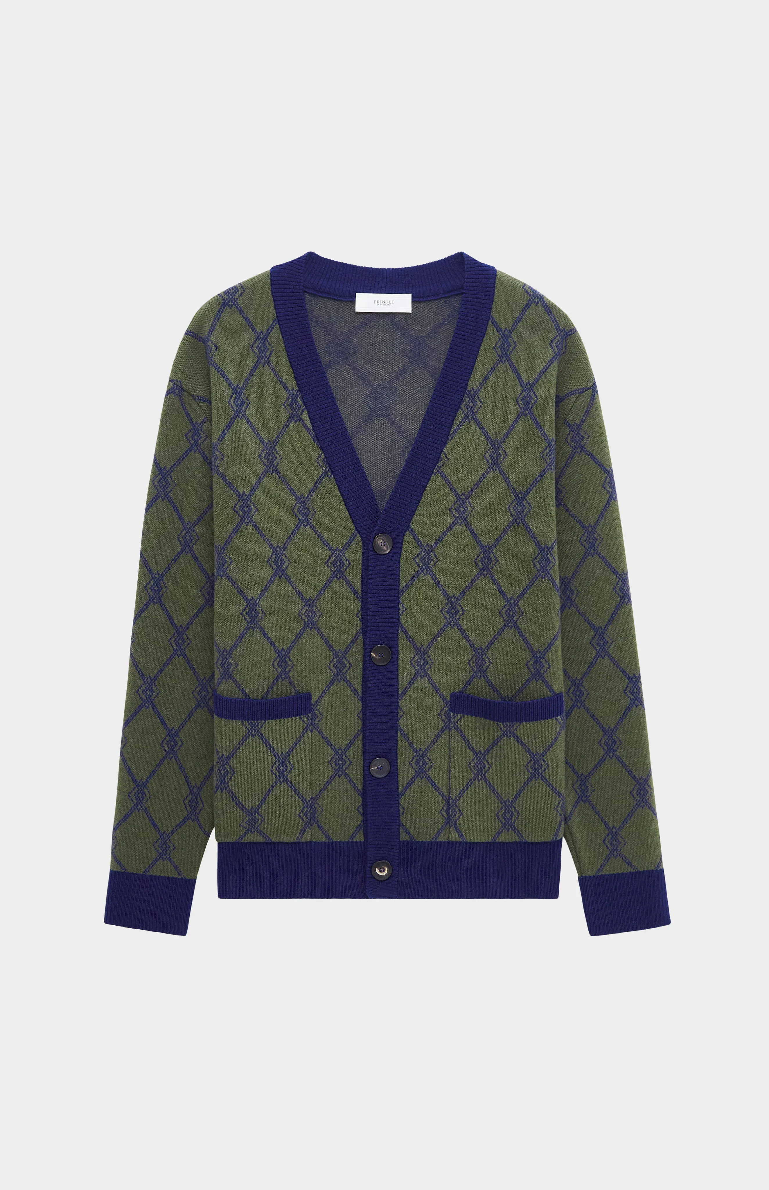 Cashmere Blend Monogram Jacquard Cardigan Jumper In Mineral Green / Royal Blue