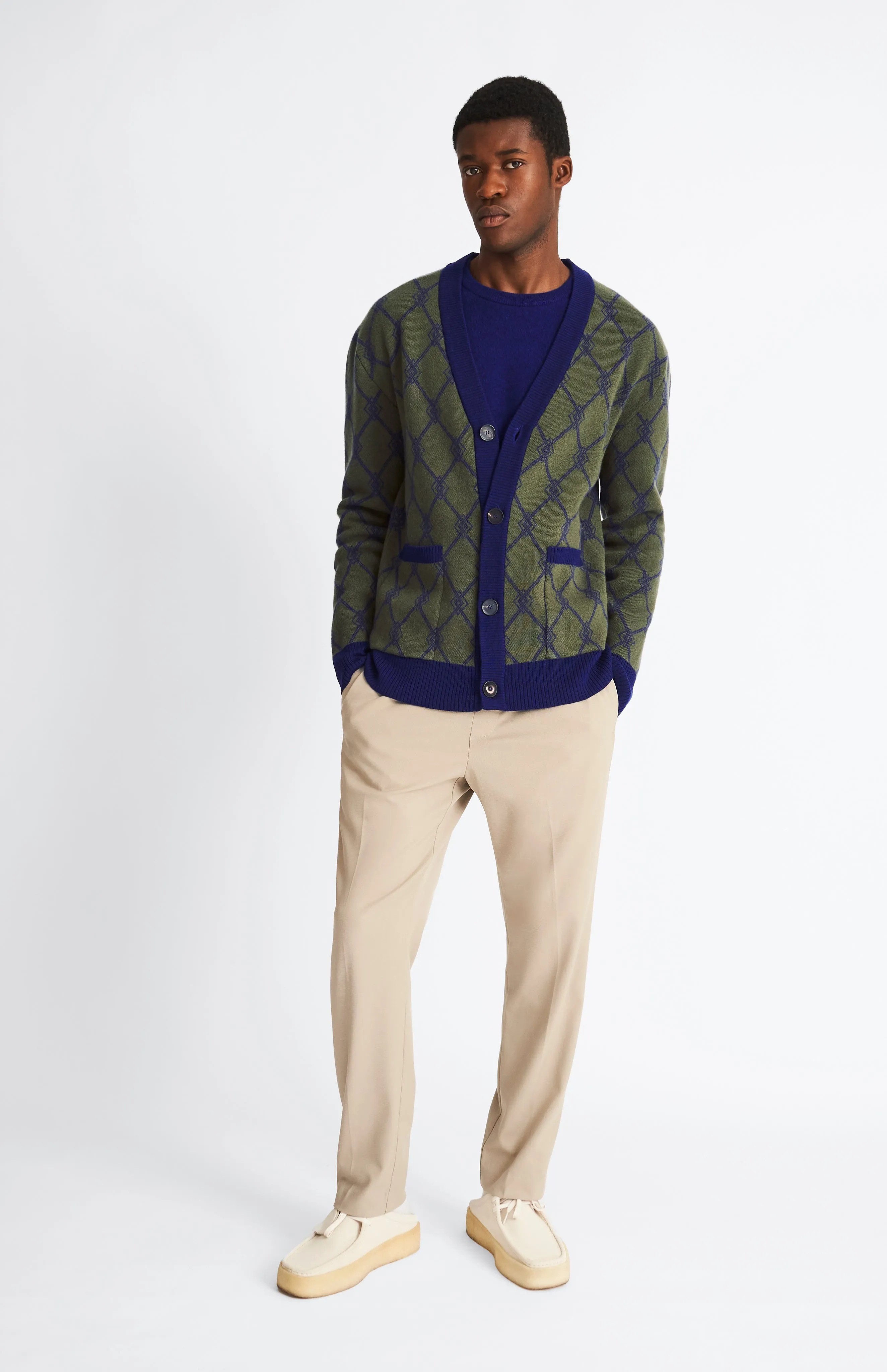 Cashmere Blend Monogram Jacquard Cardigan Jumper In Mineral Green / Royal Blue
