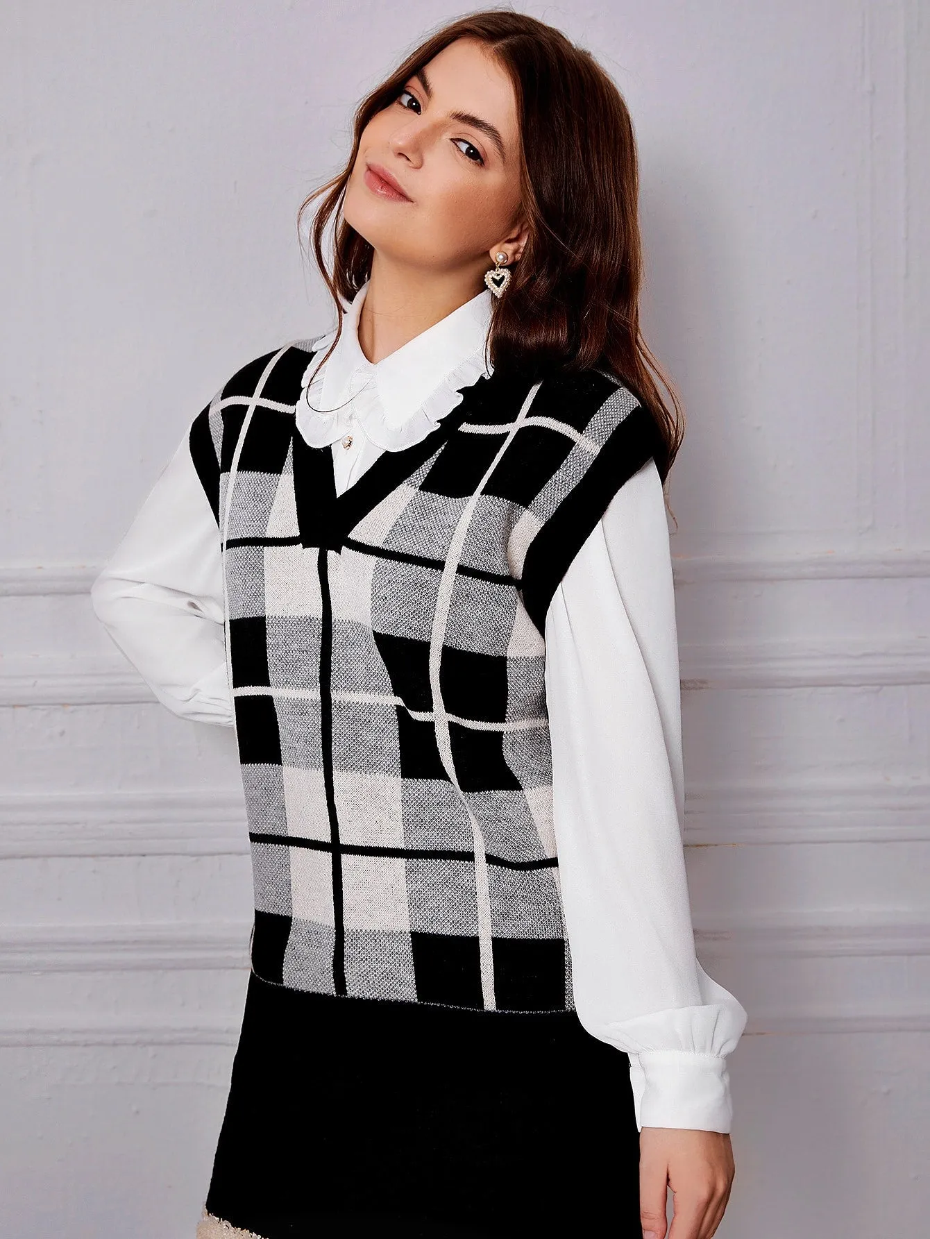 Casual Plaid Short Sleeve V Neck Regular Women Knit Top