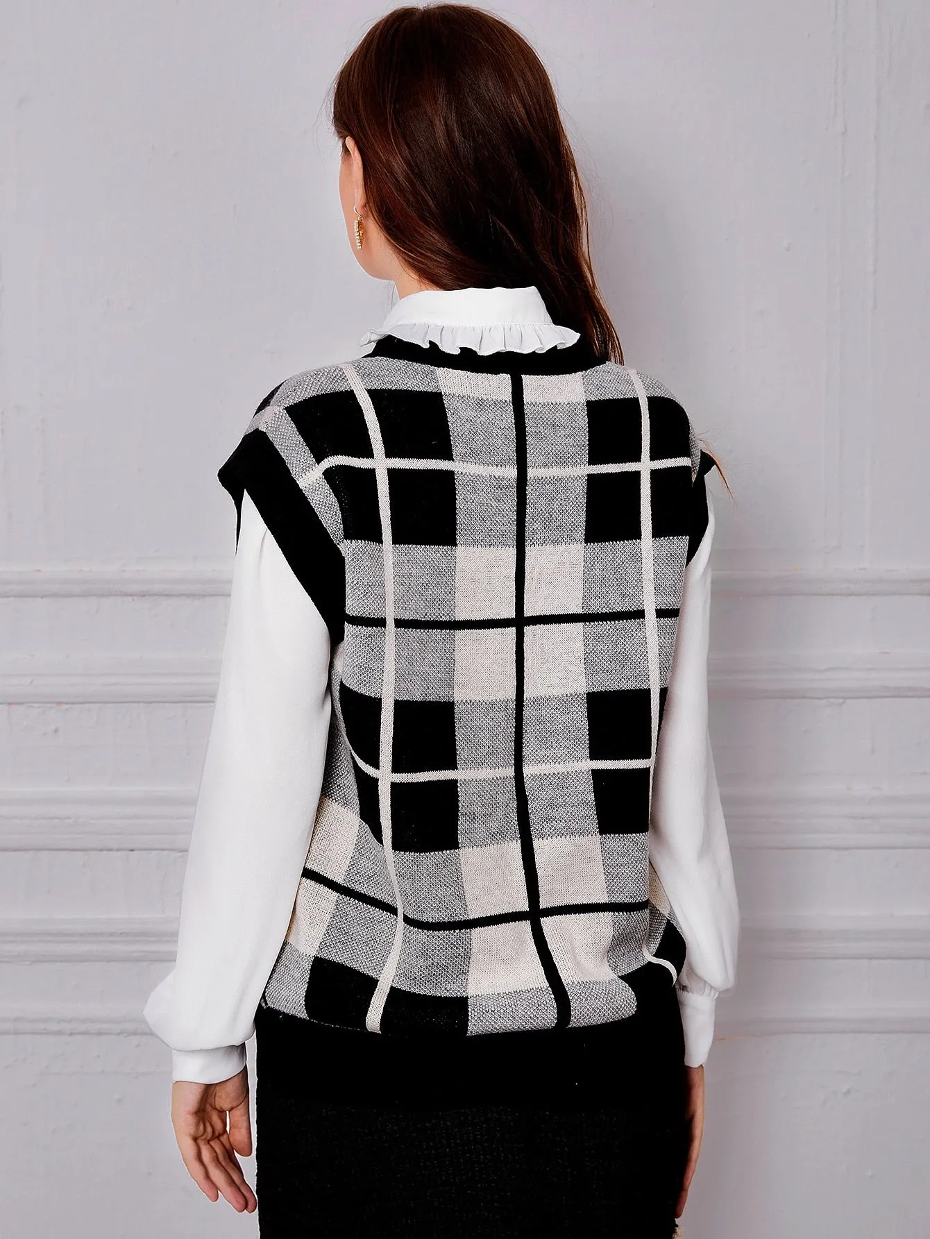 Casual Plaid Short Sleeve V Neck Regular Women Knit Top