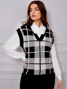Casual Plaid Short Sleeve V Neck Regular Women Knit Top