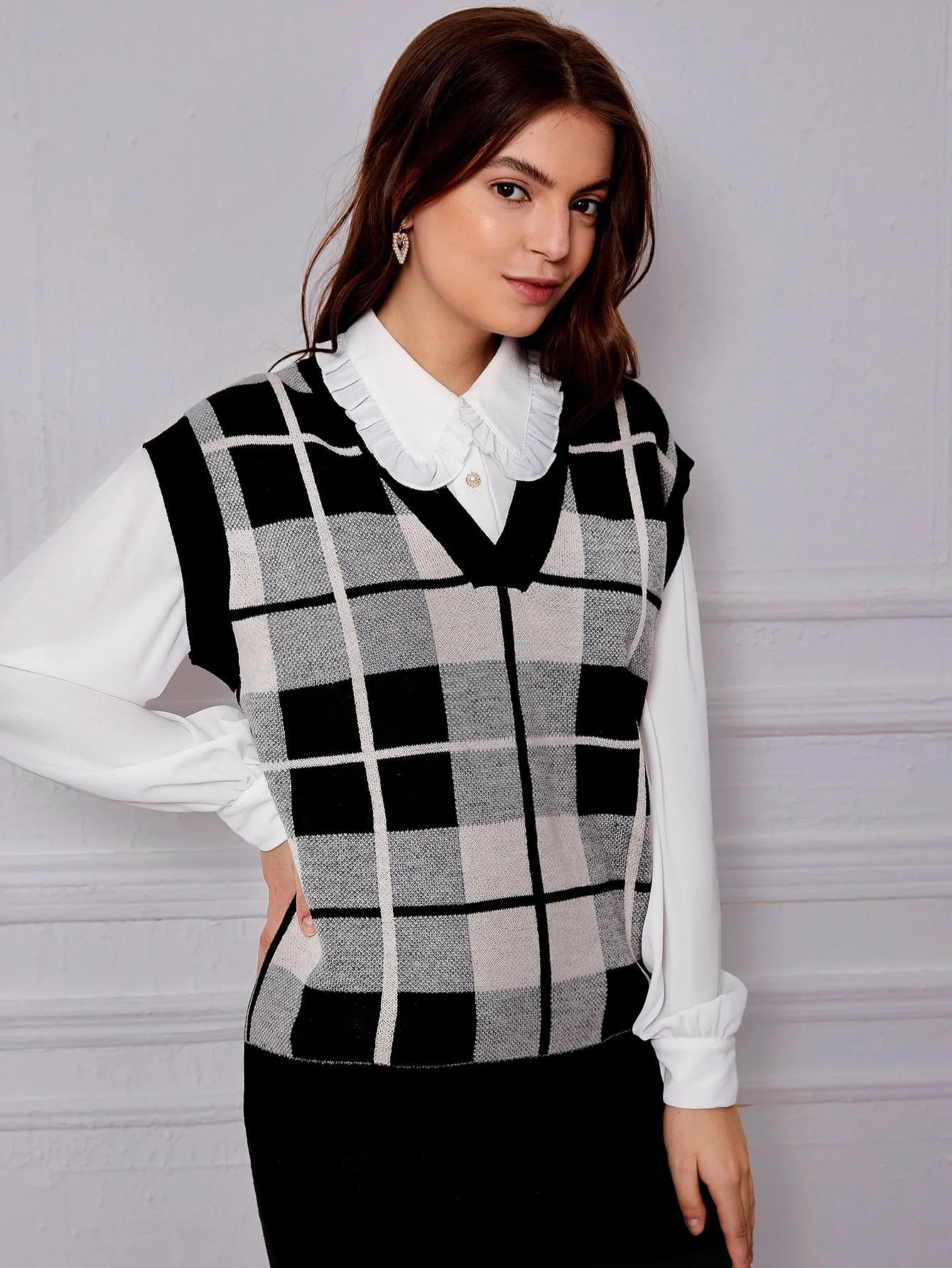 Casual Plaid Short Sleeve V Neck Regular Women Knit Top