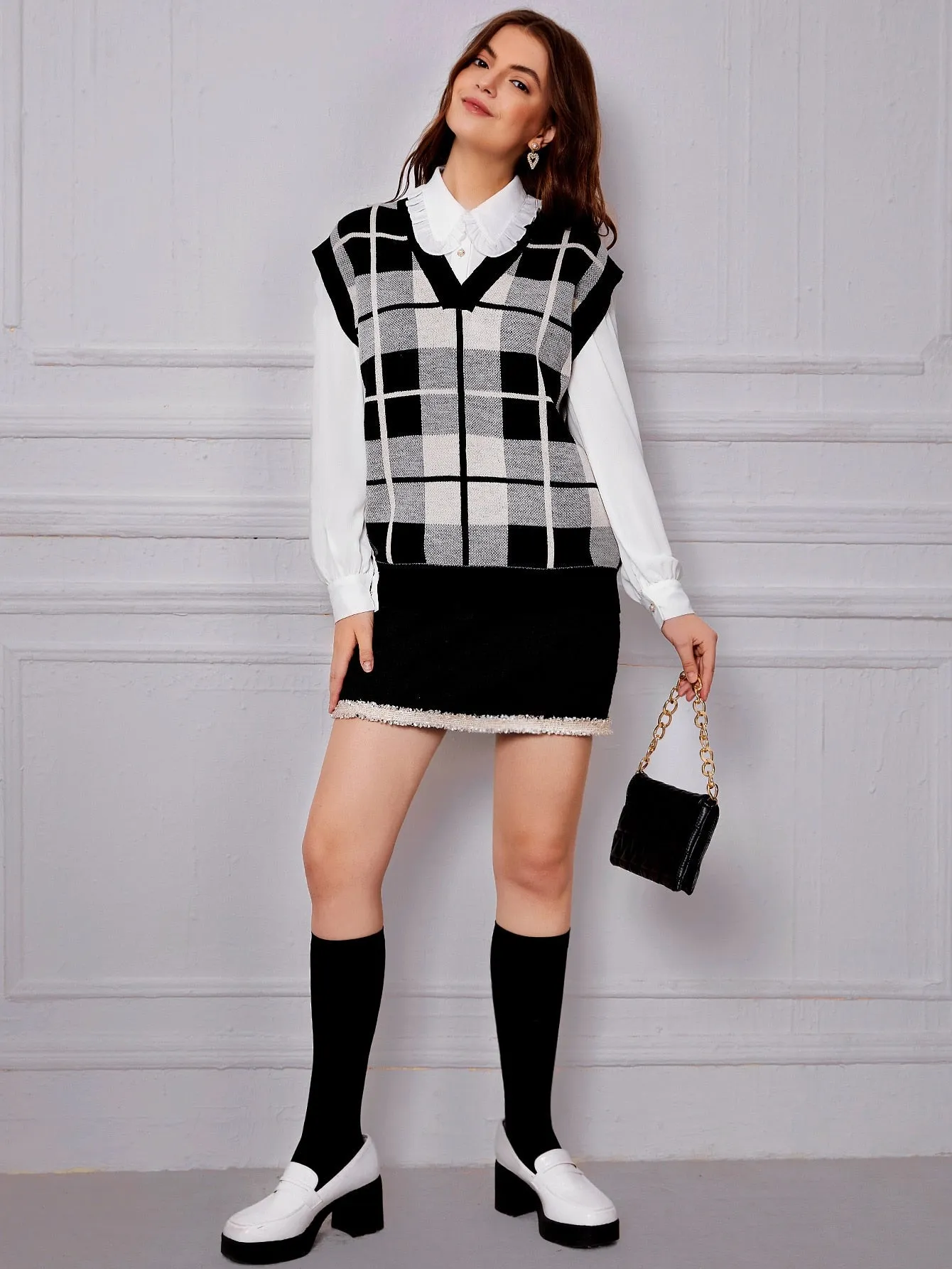 Casual Plaid Short Sleeve V Neck Regular Women Knit Top
