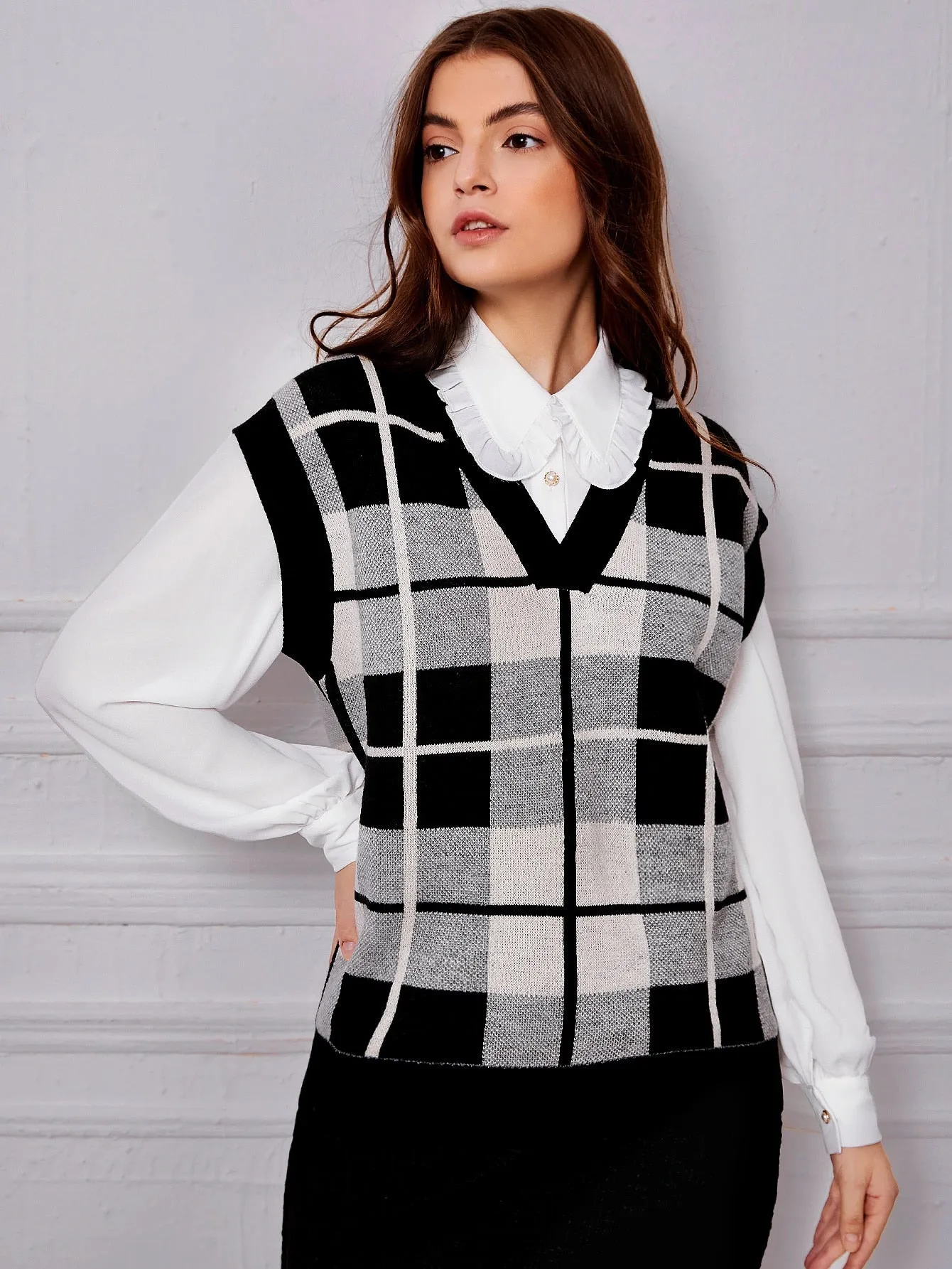 Casual Plaid Short Sleeve V Neck Regular Women Knit Top