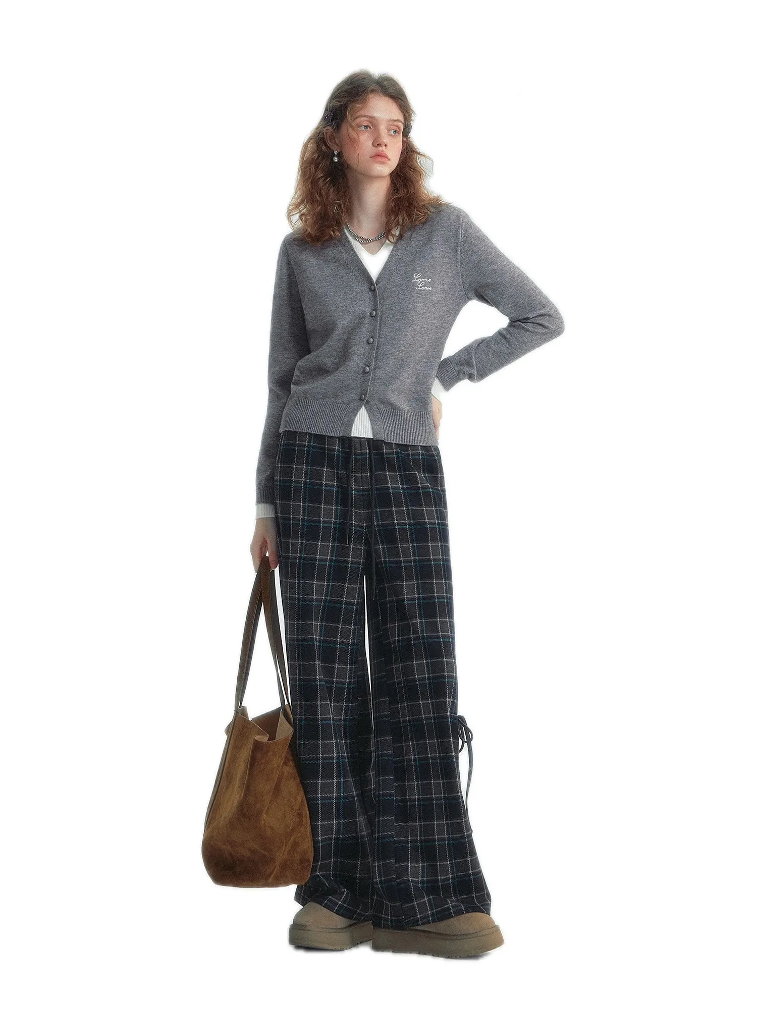 Checkered Drawstring Bow Trousers In Blue