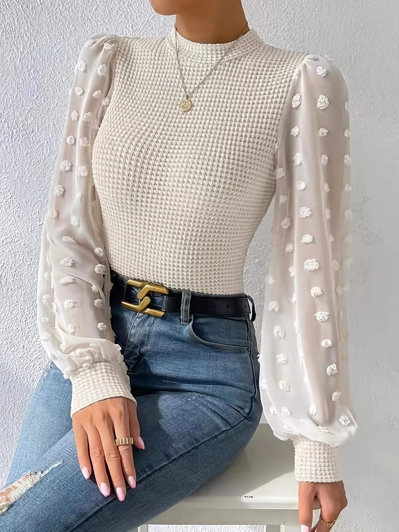 Chic Lantern Sleeve Mock Neck Top for SpringFall Wardrobe